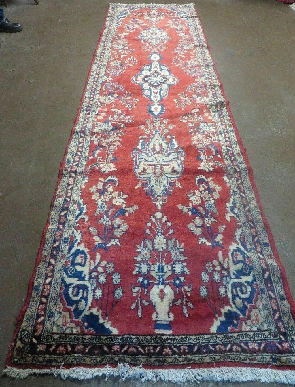 Persian Runner Rug 3 x 12, Antique Wool Oriental Runner, Floral Vases, Red & Navy Blue