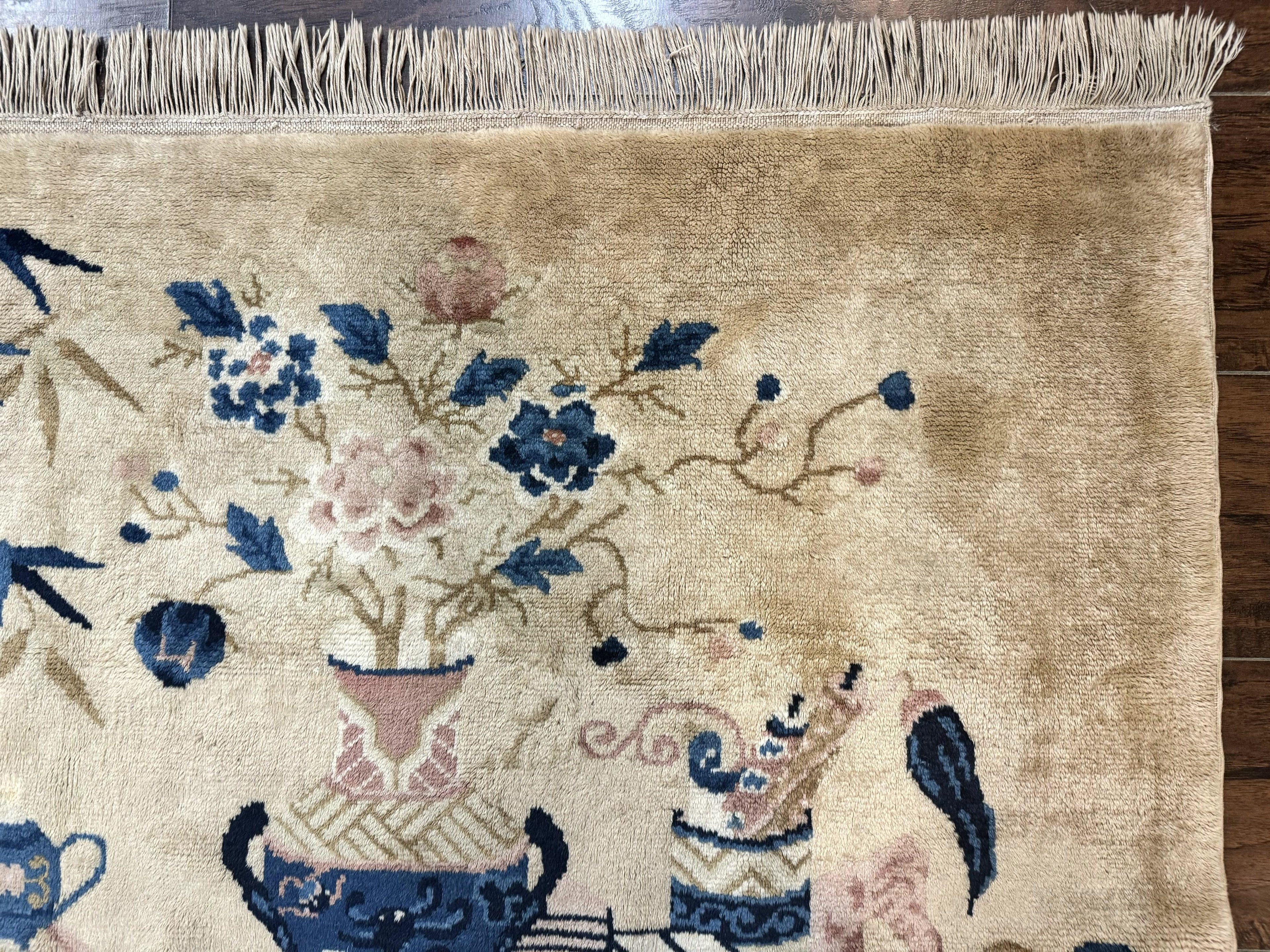 Chinese Rug 5x3, Horizontal Rug, Vases Flowers, Handmade Antique Vintage Carpet, Peking Rug, Chinese Wool Rug