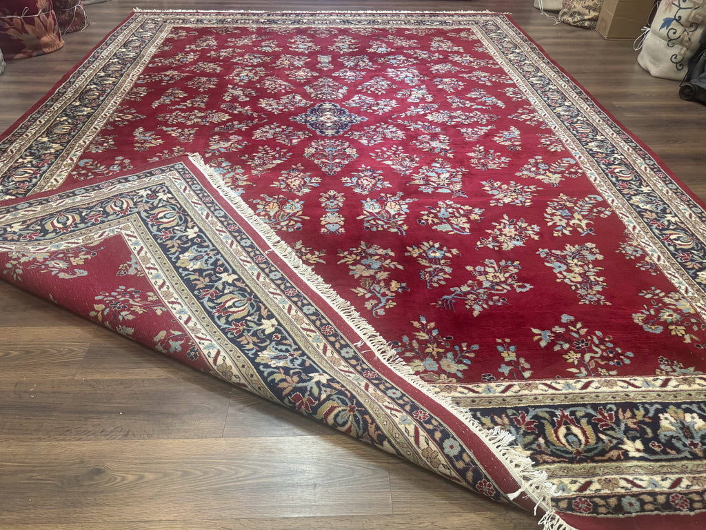 Indo Persian Sarouk Rug 10x14, Large Red and Navy Blue Carpet, Traditional Floral Wool Rug