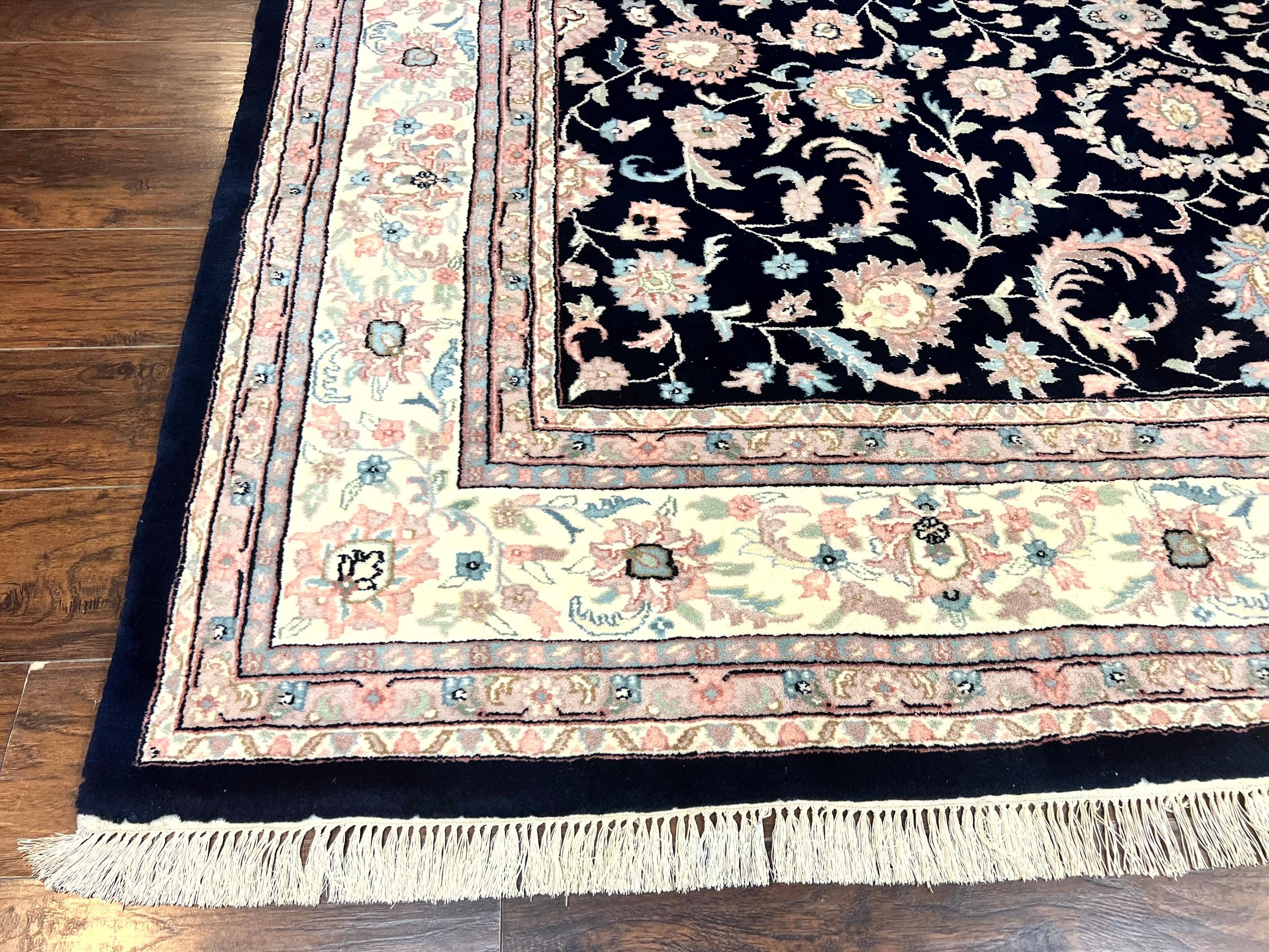 Indo Persian Rug 9x12, Navy Blue and Ivory/Cream, Floral Allover, Wool Vintage Handmade Carpet