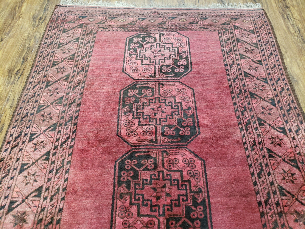 Antique Bukhara Area Rug, Vintage Afghan Bokhara Bashir Rug, 4x6 Hand-Knotted Oriental Carpet, Red & Black Wool Rug, 4' x 5'9