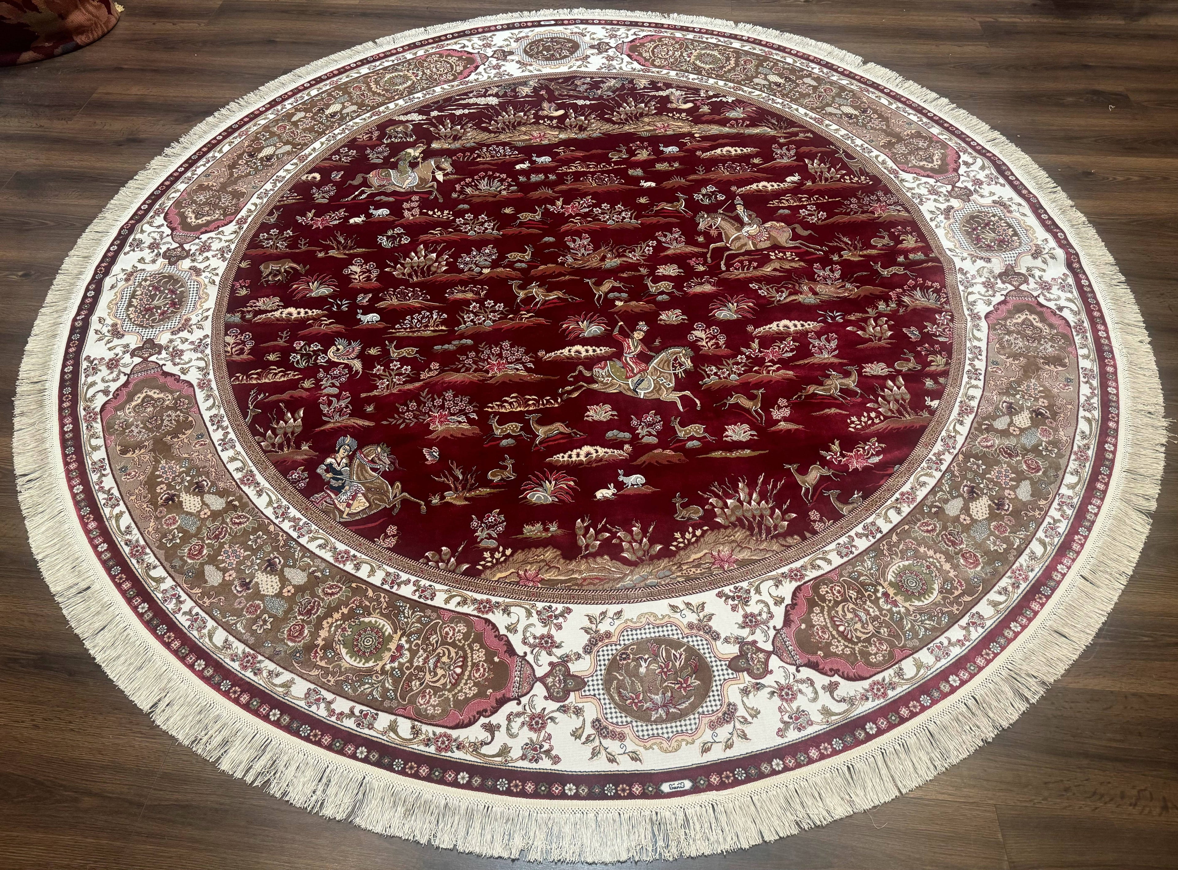 Large Round Turkish Silk Rug 8x8, Hunting Design, Dark Red & Ivory, Bamboo Silk