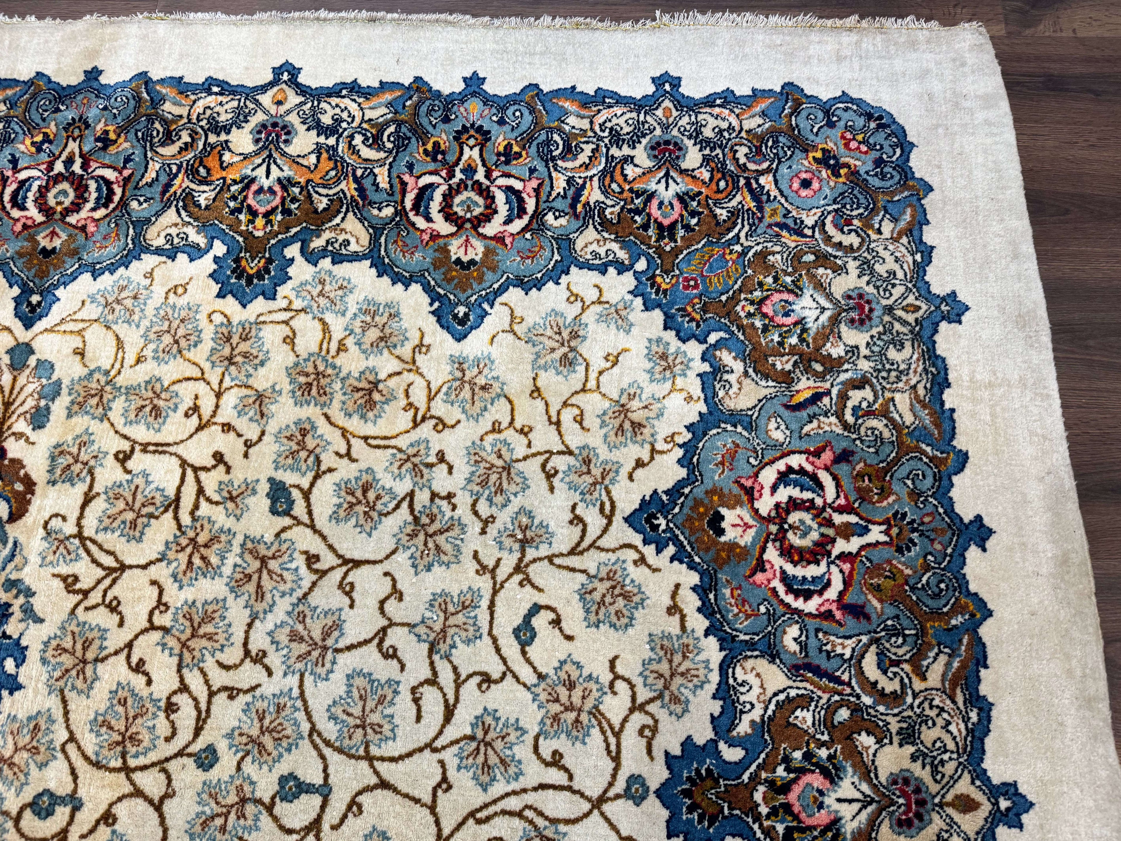 Persian Kashan Rug 9 x 12.6, Ivory and Blue, Floral Medallion, Wool Hand Knotted Semi Antique Carpet