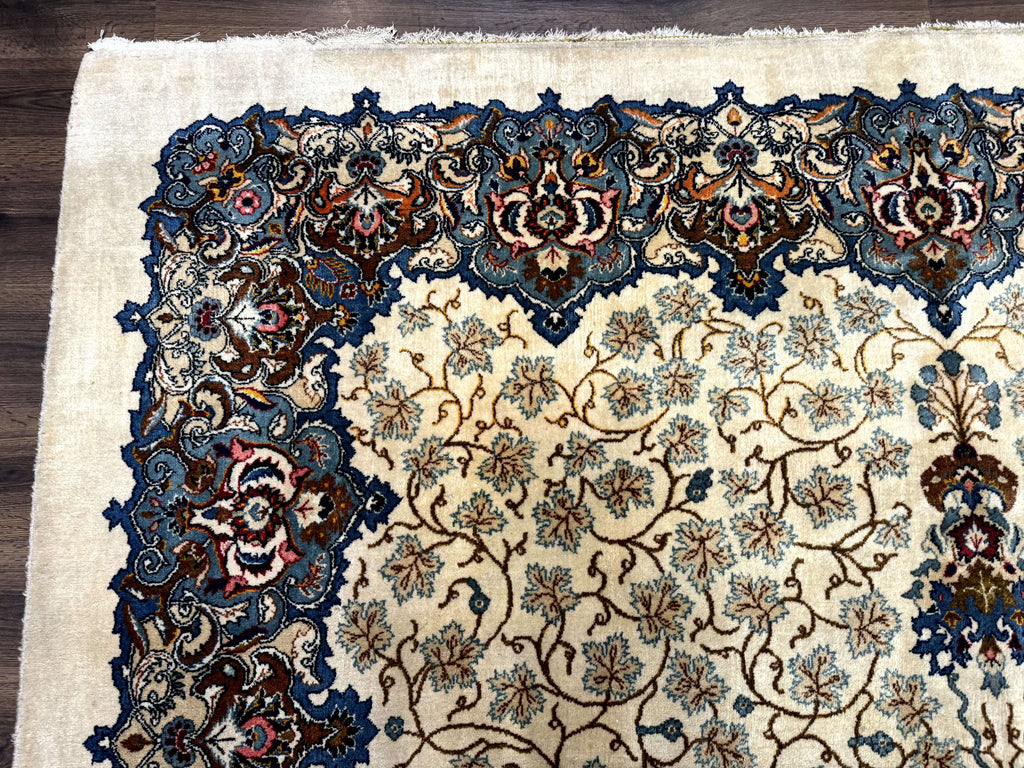 Persian Kashan Rug 9 x 12.6, Ivory and Blue, Floral Medallion, Wool Hand Knotted Semi Antique Carpet