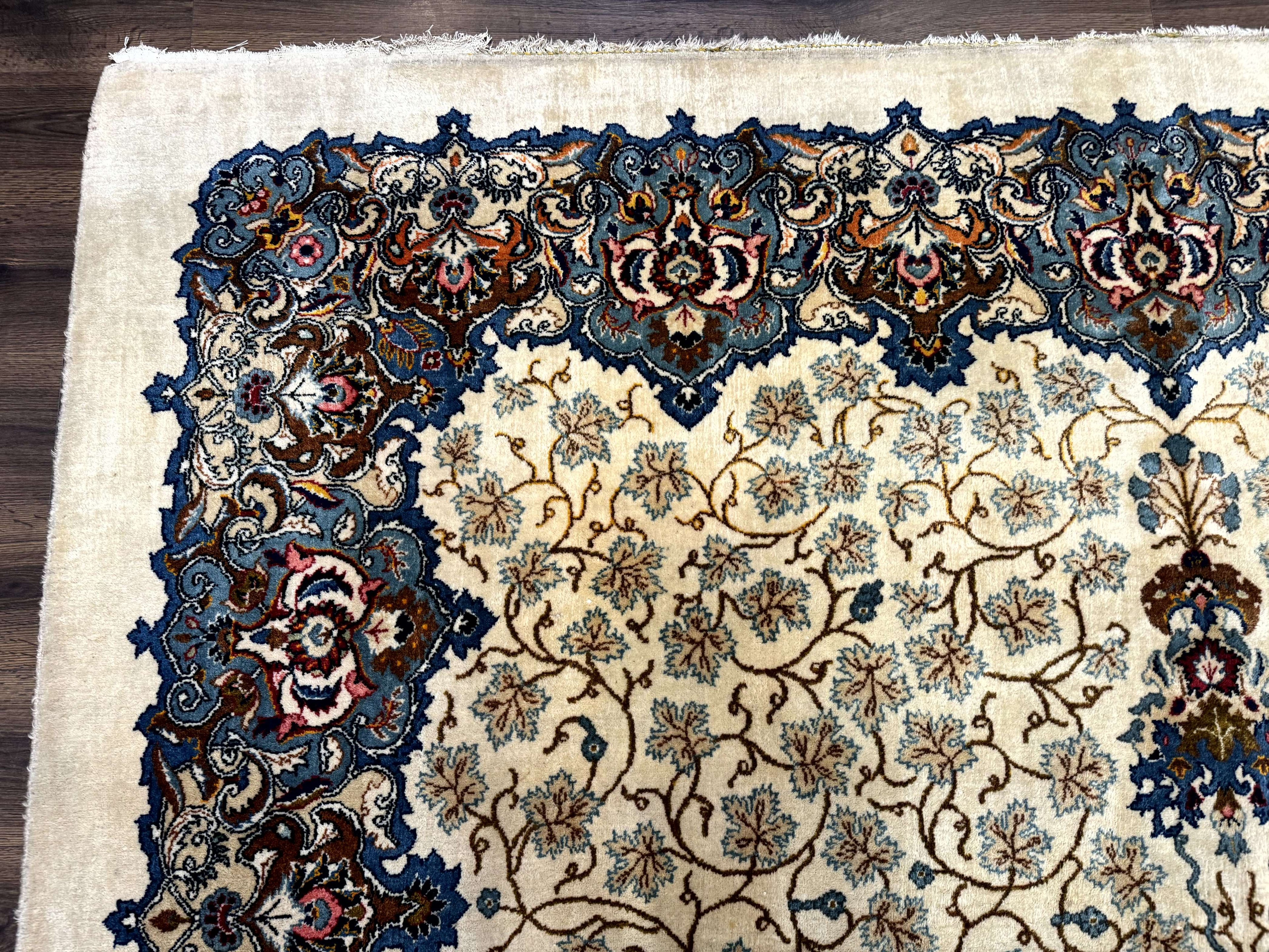 Persian Kashan Rug 9 x 12.6, Ivory and Blue, Floral Medallion, Wool Hand Knotted Semi Antique Carpet