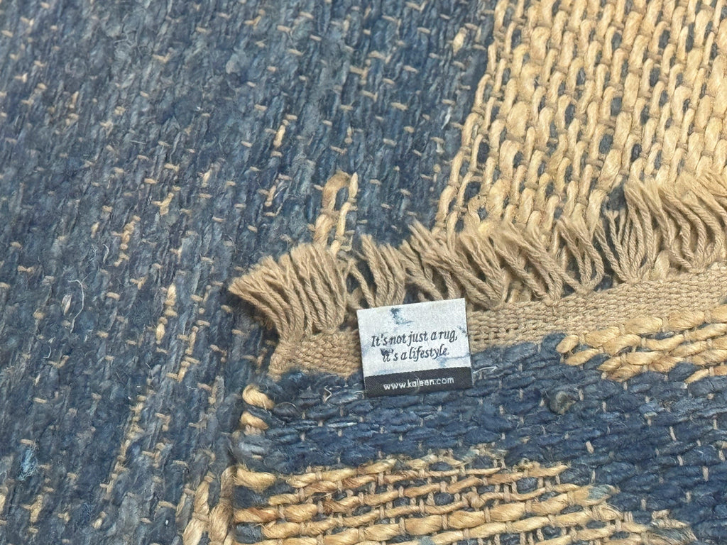 Modern Jute Runner Rug 2.9 x 7.9, Beige and Blue, Handwoven, Kaleen Rug