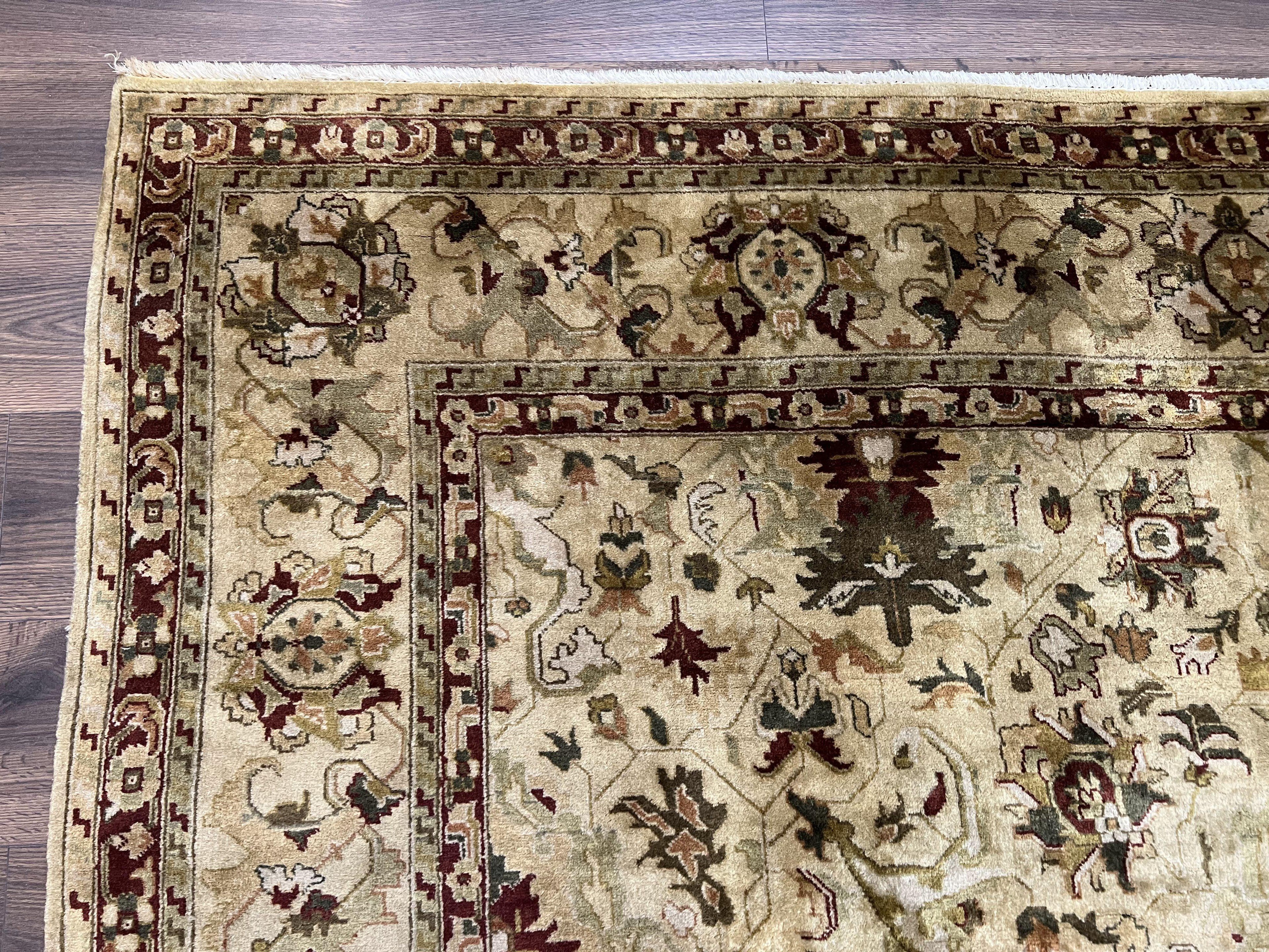 Indian Mahal Rug 8x10, Allover Floral Mahal Oriental Carpet 8 x 10, Handmade Hand Knotted Wool Rug, Indo Persian Area Rug, Tea-Washed Tan