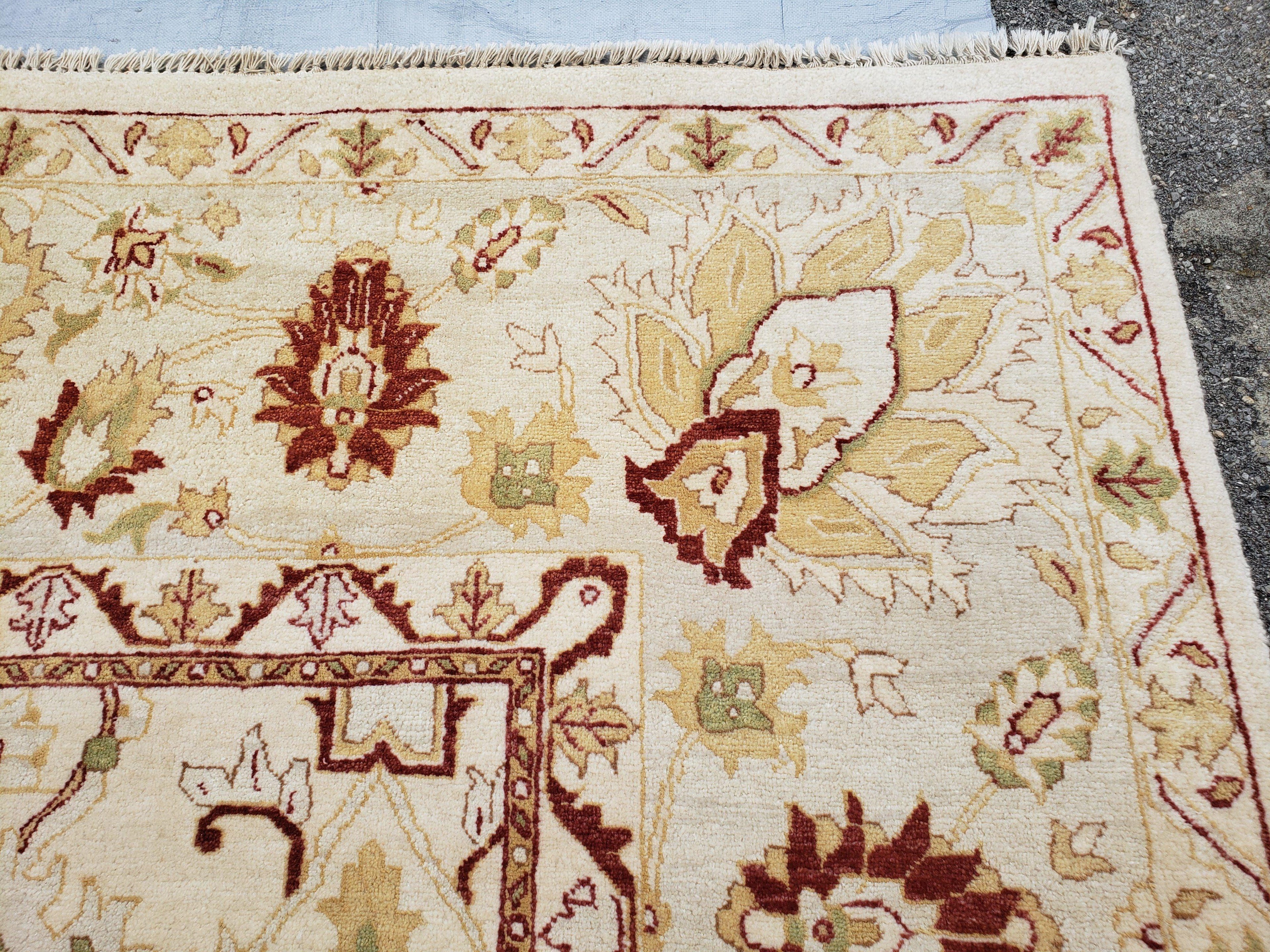 Vintage Oushak Area Rug, Hand-Knotted, Wool, Cream Beige Maroon, 10x15 Rug, 10x14 Rug, Large Oriental Carpet