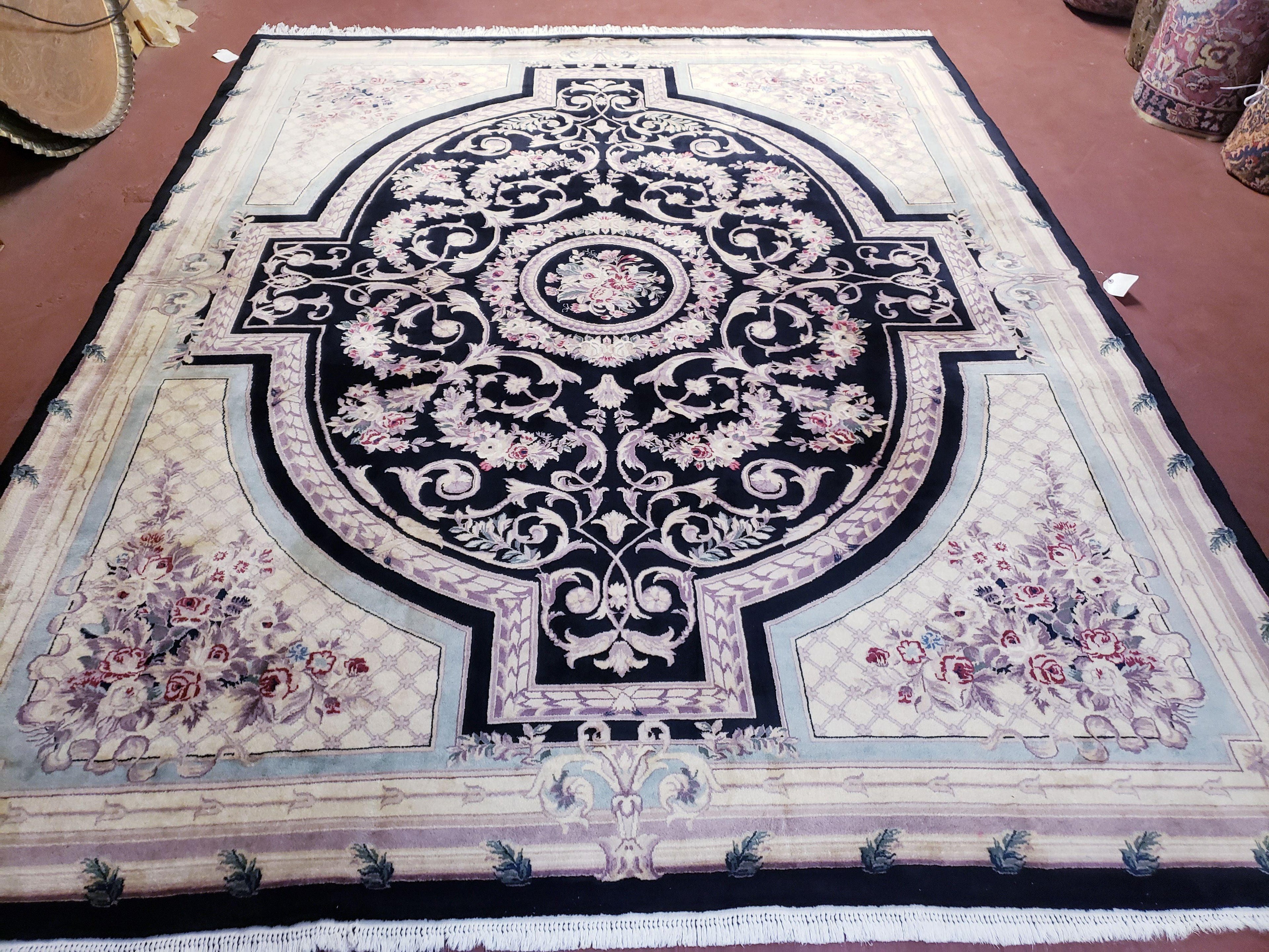 8x10 Aubusson Rug, Fine Hand Knotted Wool Carpet, French European Design, Black & Ivory
