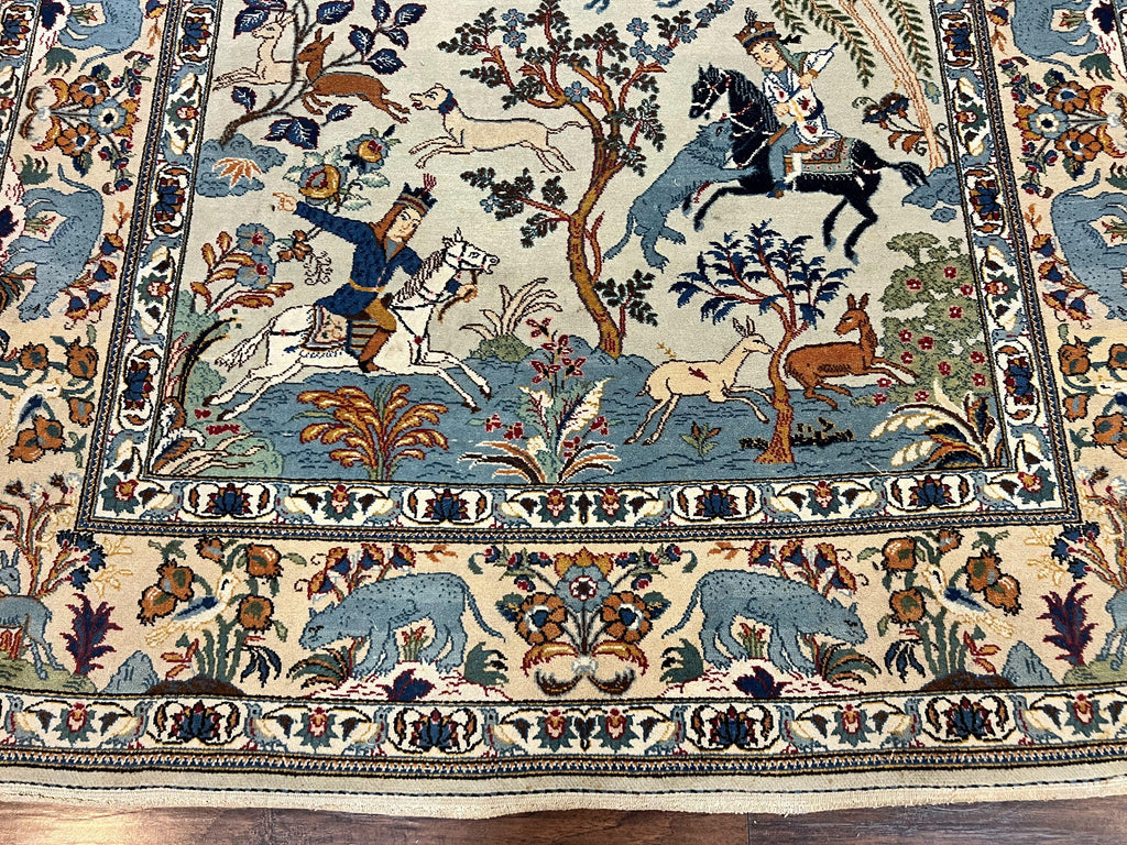 Persian Kashan Pictorial Rug 4.6 x 7, Hunting Scene, Signed by Masterweaver, Animal Pictorials, Rare, Handmade, Wool, Vintage, Very Fine