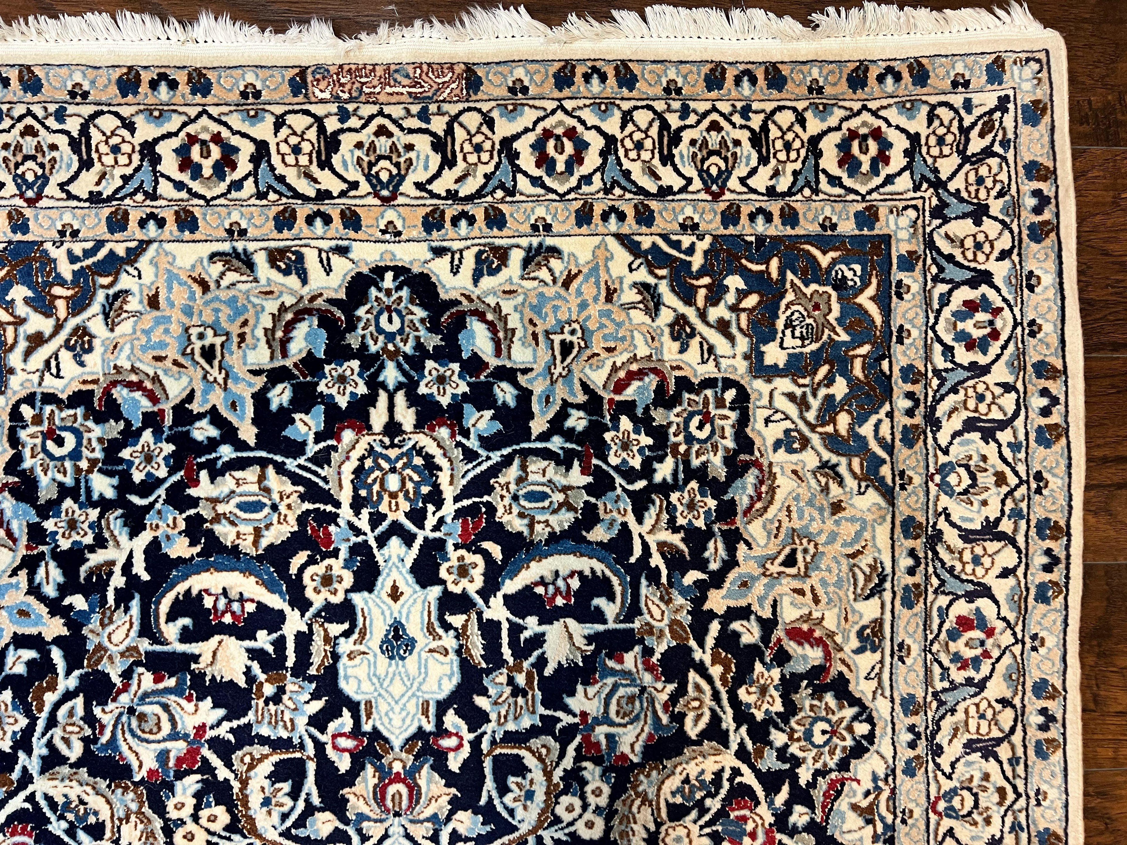 Persian Nain Rug 4x6, Floral, Hand Knotted Vintage Wool & Silk Highlights, Signature from Masterweaver, Navy Blue and Ivory