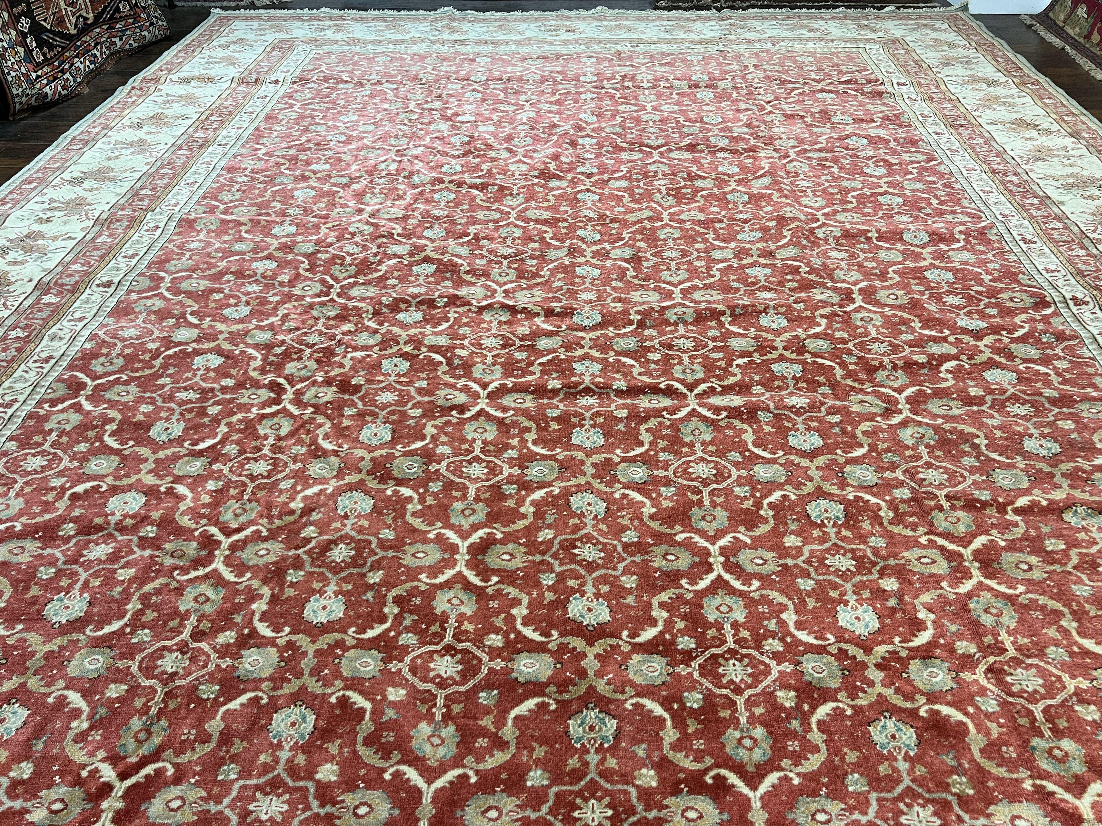 Turkish Oushak Rug 12x18, Wool Hand Knotted Vintage Carpet, Red & Oatmeal, 12 x 18 Palace SIze Handmade Oriental Rug
