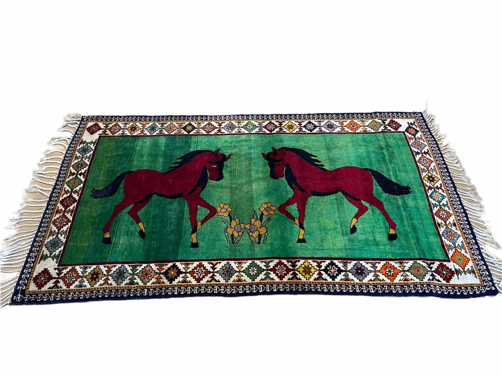4 X 7 Handmade Rug Zagros Quality Wool Pictorial Horses Green Butterfly Colorful