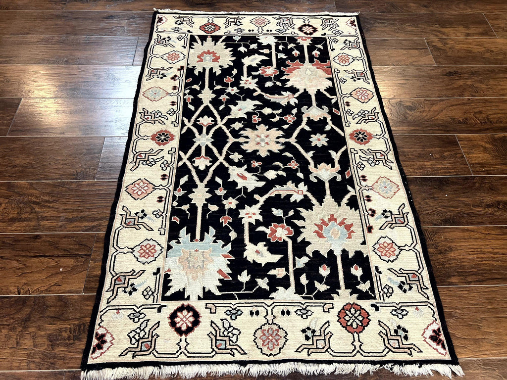 Turkish Flatweave Kilim Rug 3x5, Black, Handmade Vintage Wool Carpet
