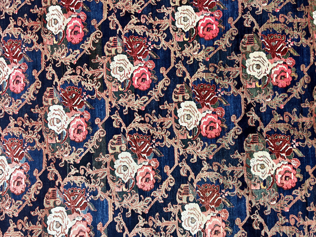 Persian Bidjar Rug 8x11, Floral Bouquets, Blue Black Red Pink, Handmade Hand Knotted Vintage Semi Antique Oriental Carpet