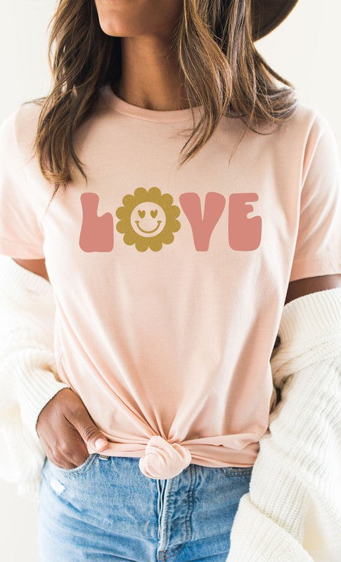 Love Sparkley Heart Eyes Flower Graphic Tee T-Shirt