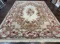 Aubusson Rug 8x12, European French Savonnerie Design, Thick Wool Pile, Elegant Rug, Cream Beige Light Green