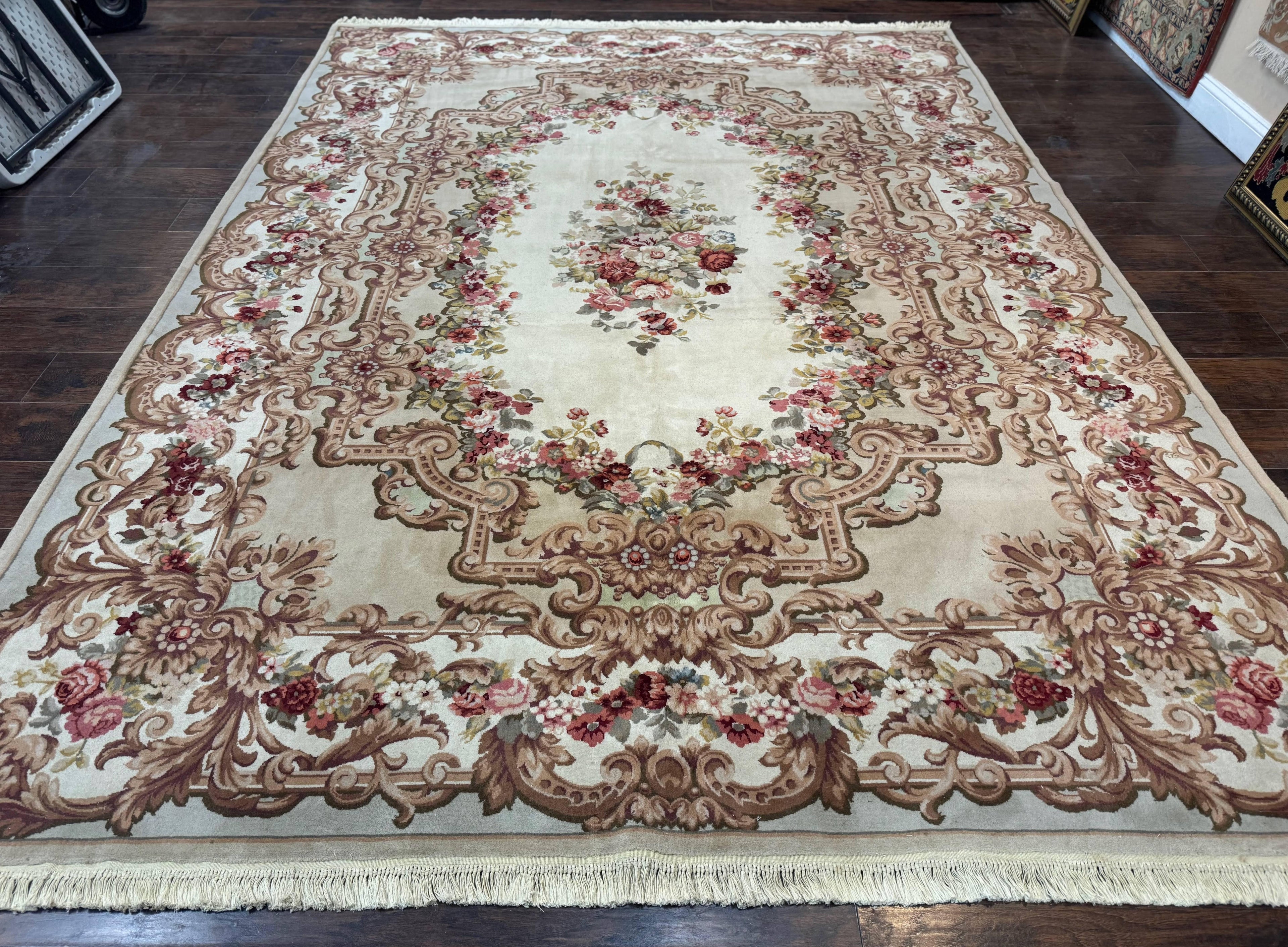 Aubusson Rug 8x12, European French Savonnerie Design, Thick Wool Pile, Elegant Rug, Cream Beige Light Green