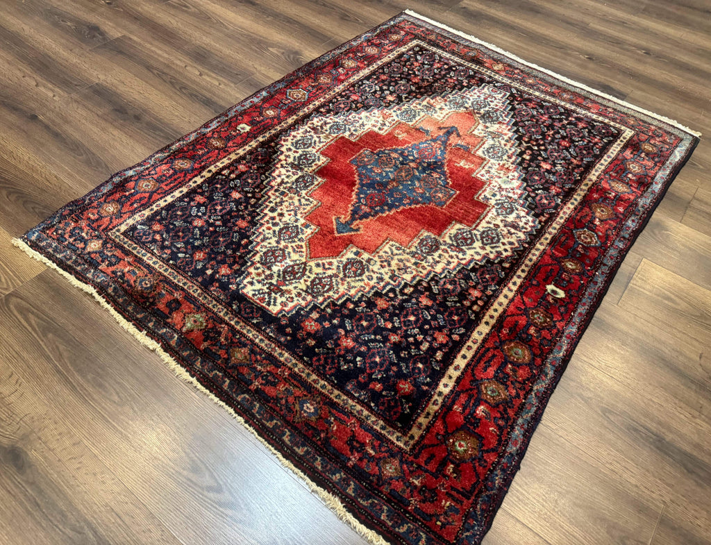 Antique Persian Kurdish Senneh Rug 4x5 Tribal Carpet Wool Geometric Medallion