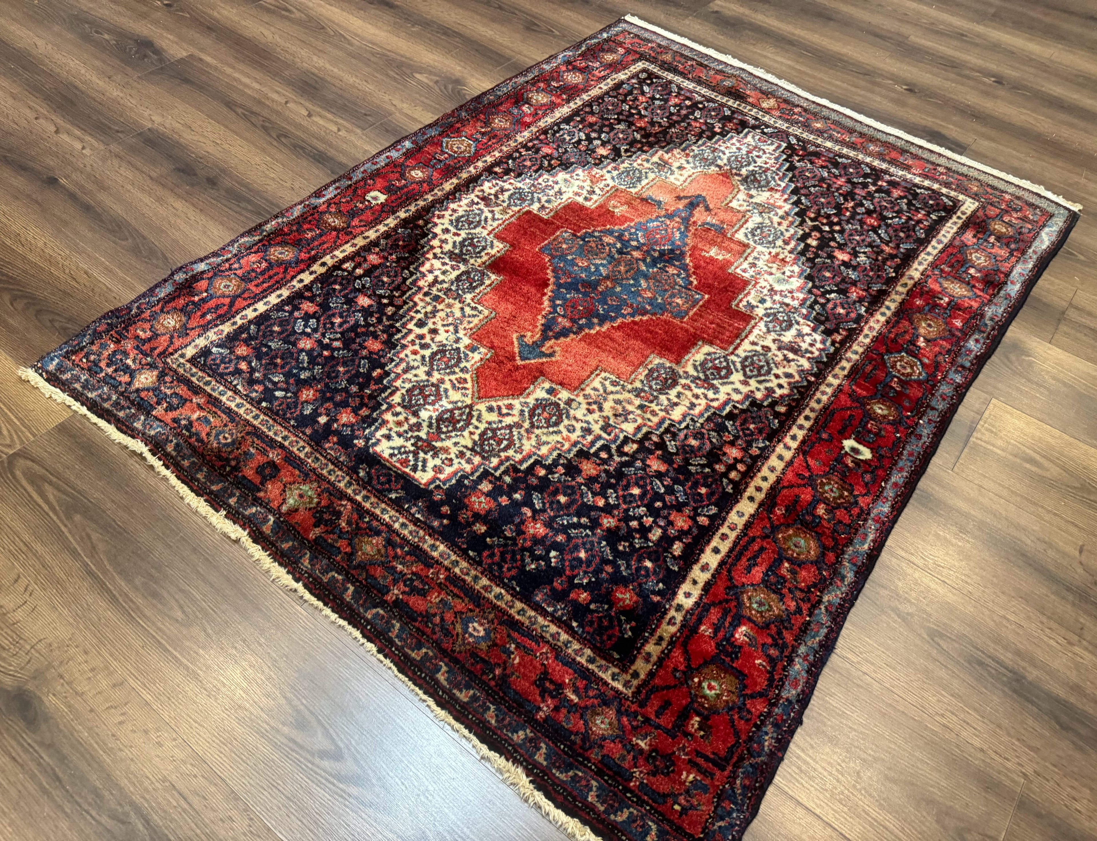 Antique Persian Kurdish Senneh Rug 4x5 Tribal Carpet Wool Geometric Medallion