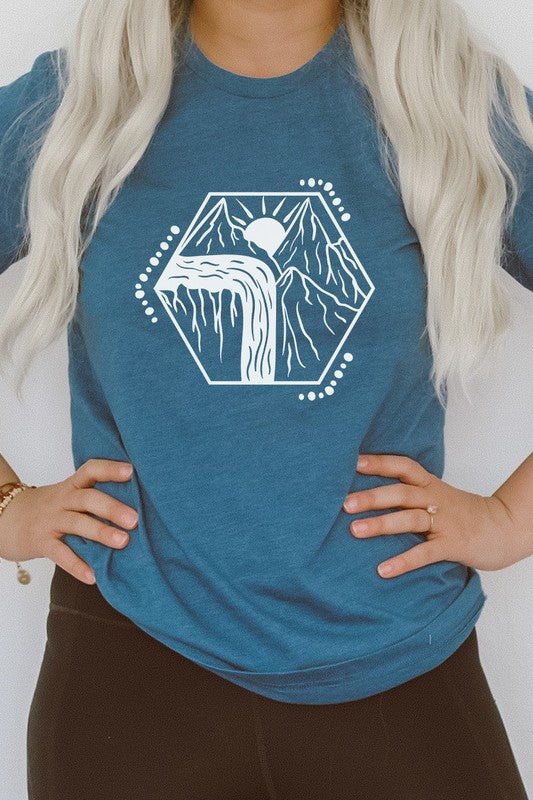 Mountain Waterfall Sunrise Nature Hike Graphic Tee