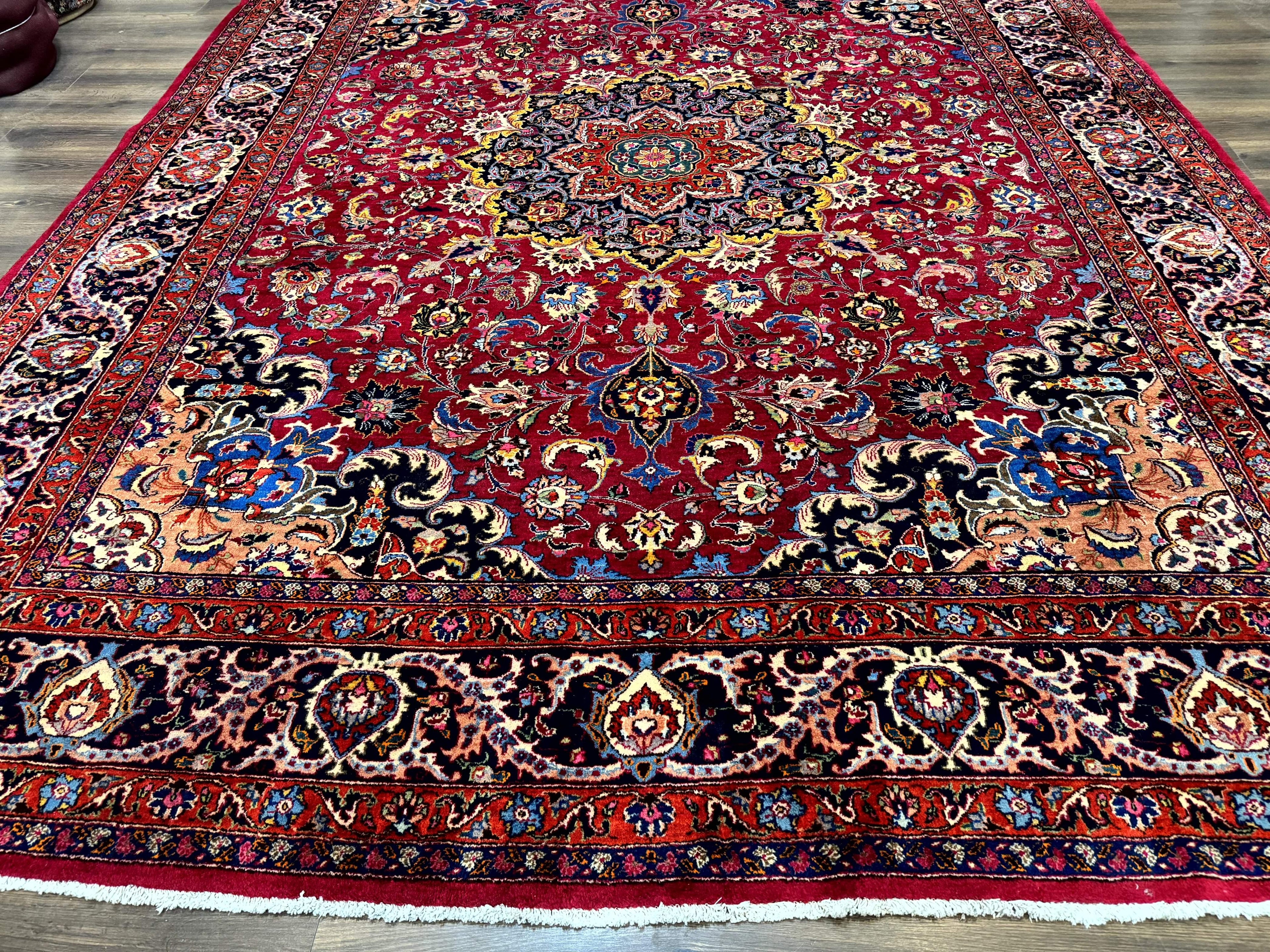 Red Persian Mashad Rug 10x13 - Floral Medallion Signed By Masterweaver