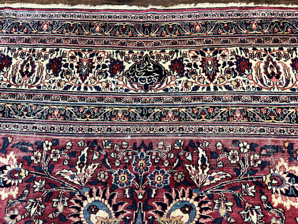 Antique Persian Mashad Rug 10x12, Red and Ivory, Signed by Master Weaver