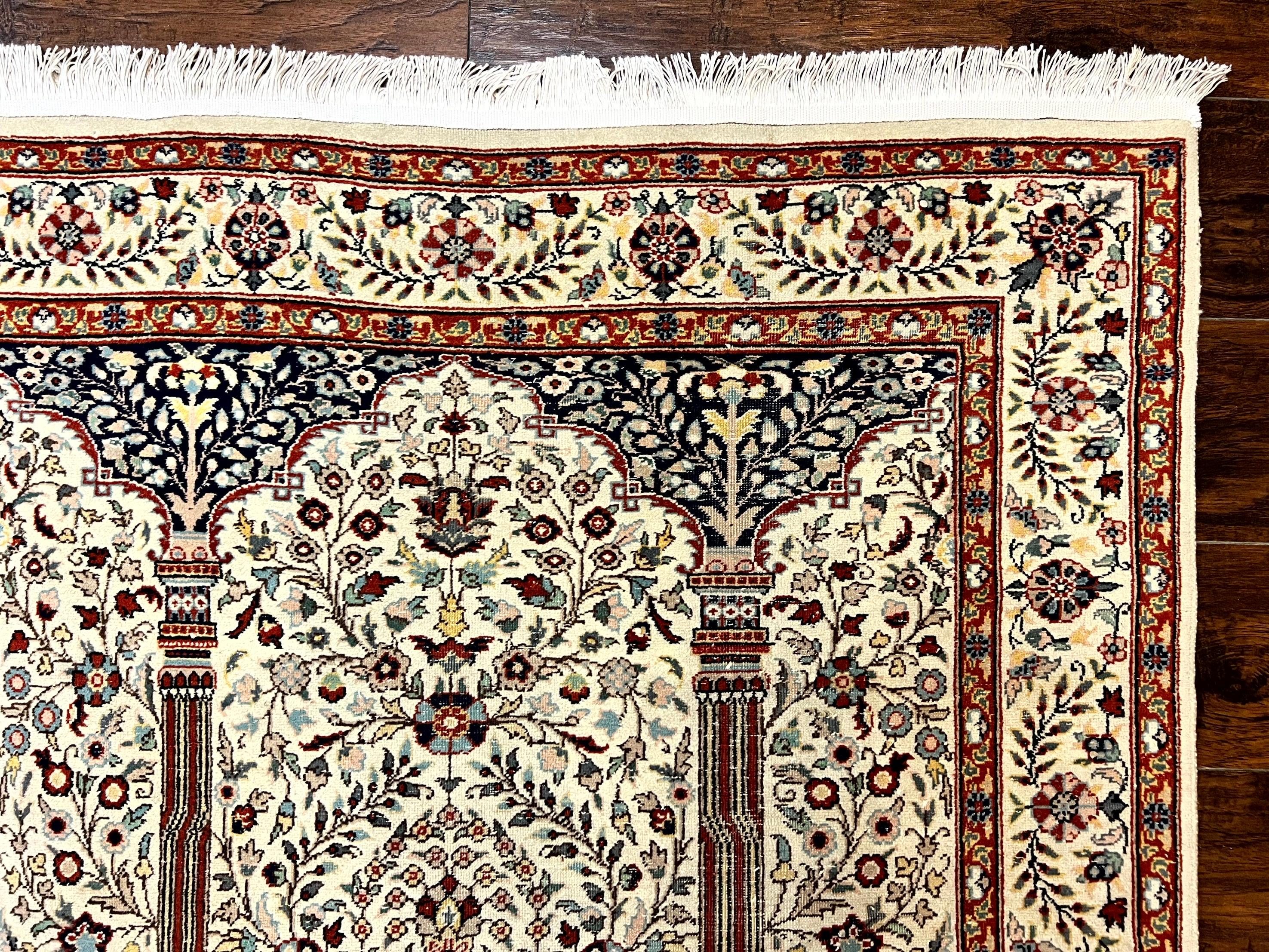 Pak Perisan Prayer Rug 4x6, Tree of LIfe Carpet, Handmade Vintage Wool Rug, Beige, Floral Vases