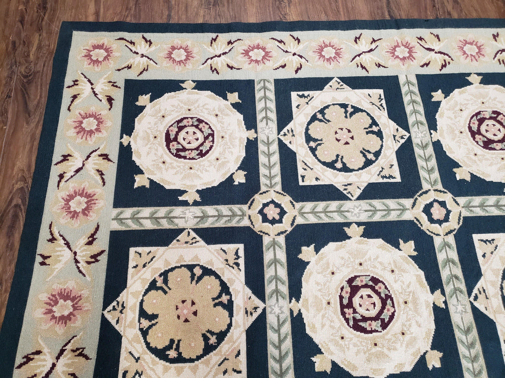 Vintage Chinese Needlepoint Rug 6x9, Panel Design Area Rug Wool Hand-Woven Black & Ivory Carpet Flat Weave Bedroom Rug 6 x 9 Living Room Rug