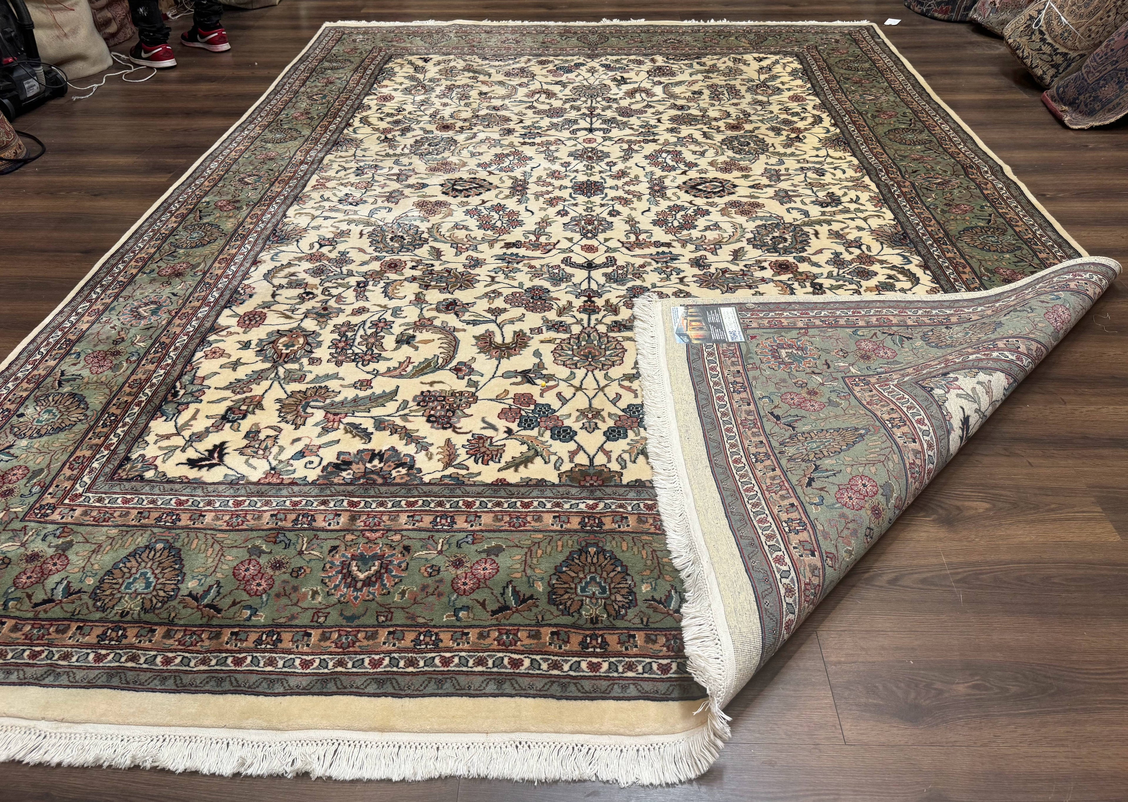 Indo Persian Rug 9x12, Allover Floral Pattern, Ivory & Green, Traditional Oriental Carpet