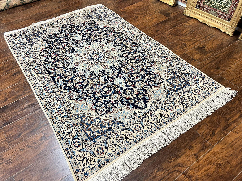 Persian Nain Rug 4x6, Floral, Hand Knotted Vintage Wool & Silk Highlights, Signature from Masterweaver, Navy Blue and Ivory
