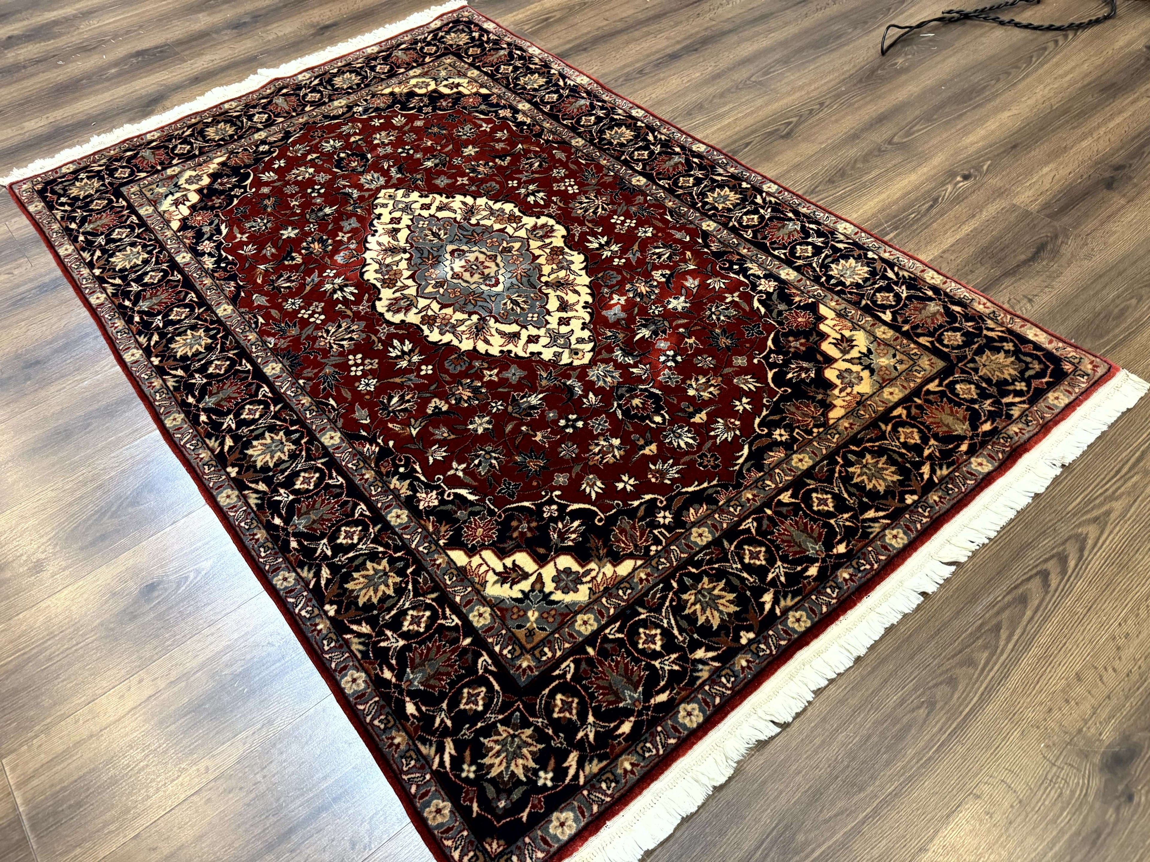Sino Persian Rug 4x6, Traditional Wool Hand Knotted Carpet, Red Navy Blue, 225 KPSI