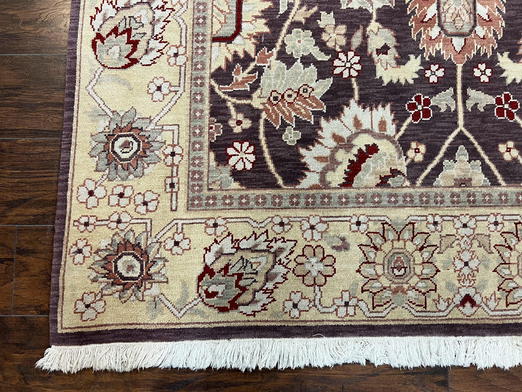 Vintage Indo Mahal Area Rug 6x9, Indian Persian Oriental Carpet 6 x 9, Puce Eggplant Tan Beige Rug, Hand-Knotted, Large Floral Design Wool