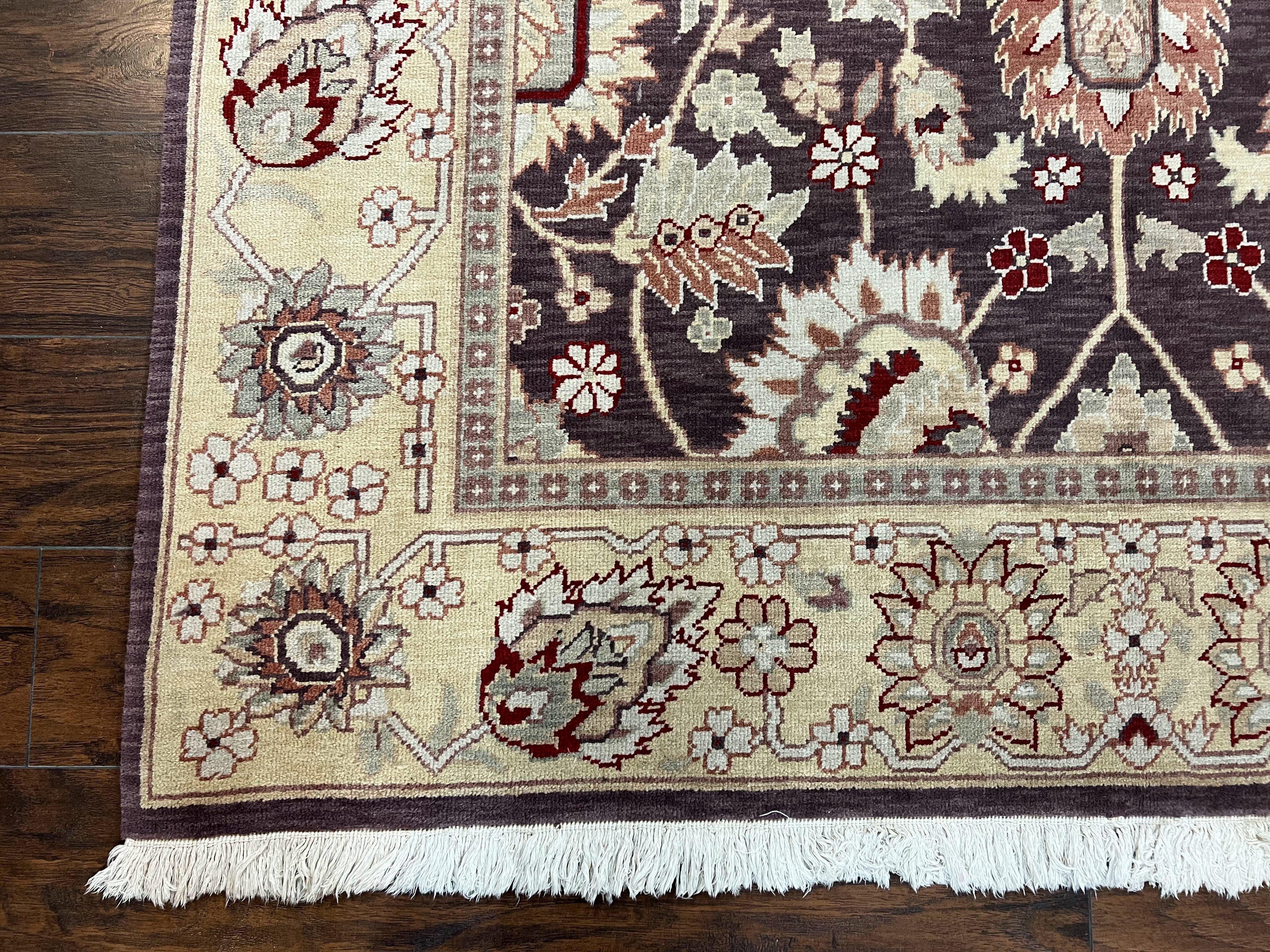 Vintage Indo Mahal Area Rug 6x9, Indian Persian Oriental Carpet 6 x 9, Puce Eggplant Tan Beige Rug, Hand-Knotted, Large Floral Design Wool