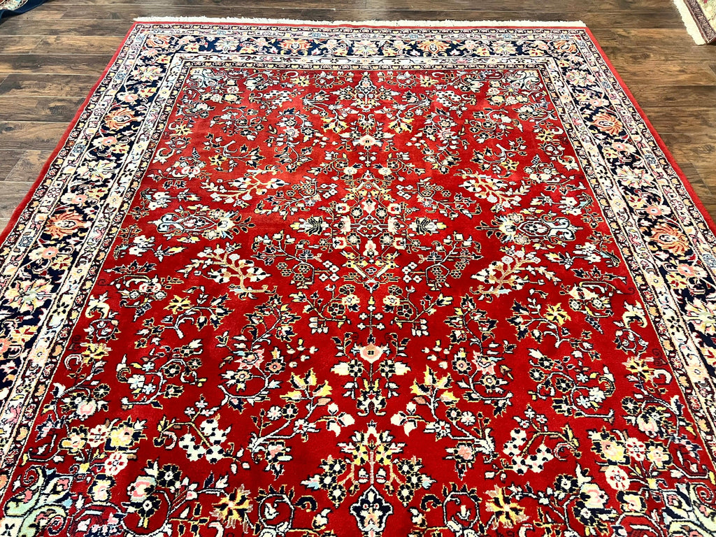 Indo Persian Sarouk Rug 8x10, Red, Floral Allover, Handmade Vintage Wool Carpet, Traditional Rug