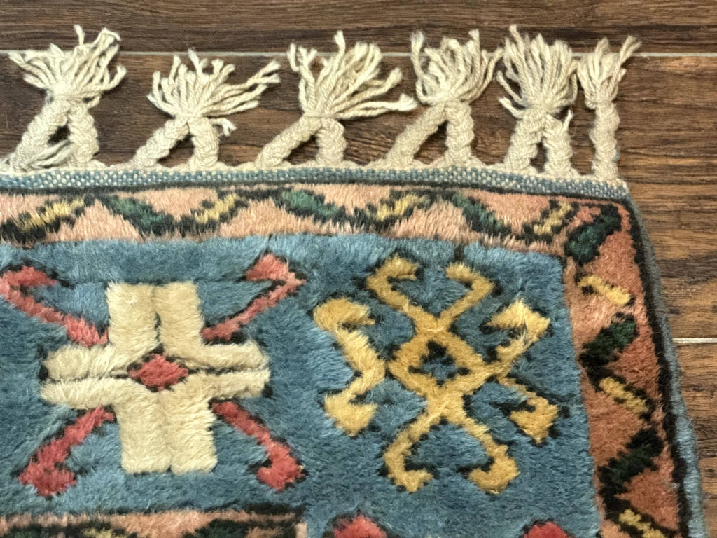 Turkish Kazak Runner Rug 3x11, Cream and Light Blue, Vintage