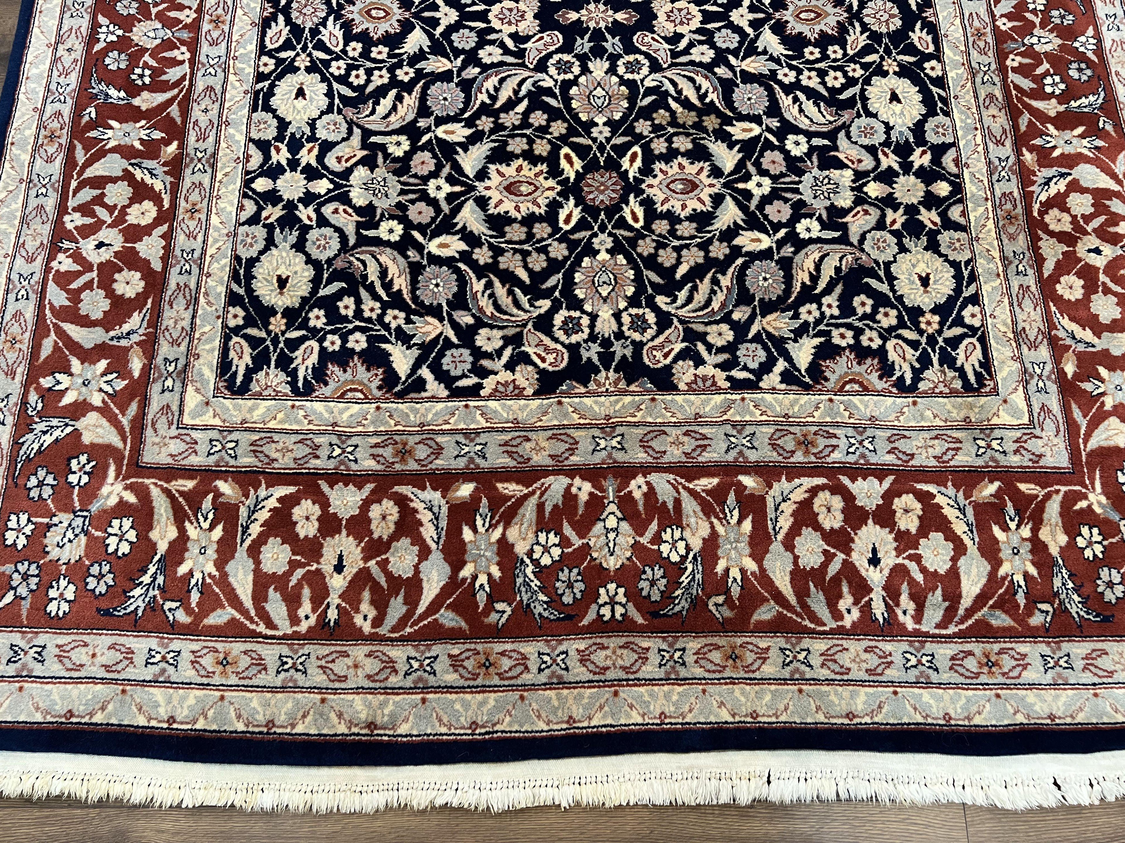 Indo Sarouk Rug 6x9, Vintage Indian Persian Rug, Wool Oriental Carpet, Navy Blue Red Allover Floral Rug, Traditional Very Fine Rug, Area Rug