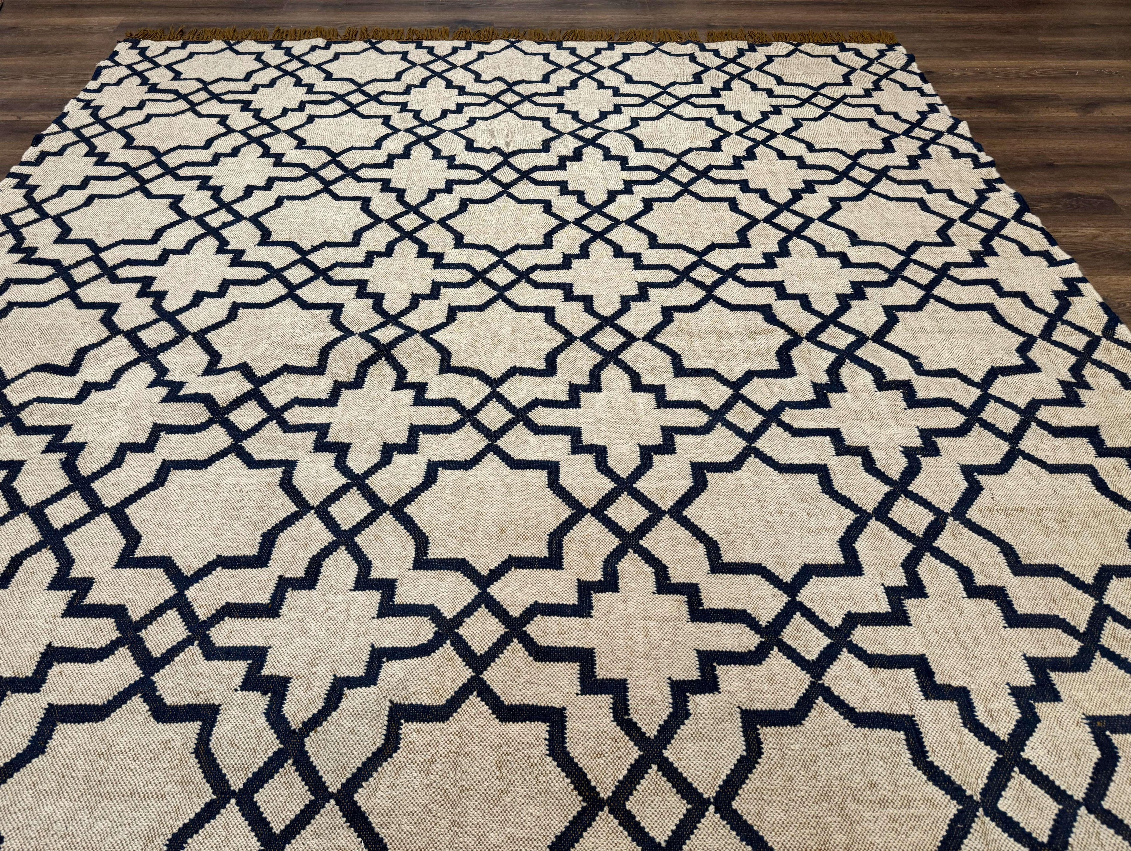 Indian Kilim Rug 8x10, Oat and Navy Blue, Dhurrie Carpet, Handmade, Wool
