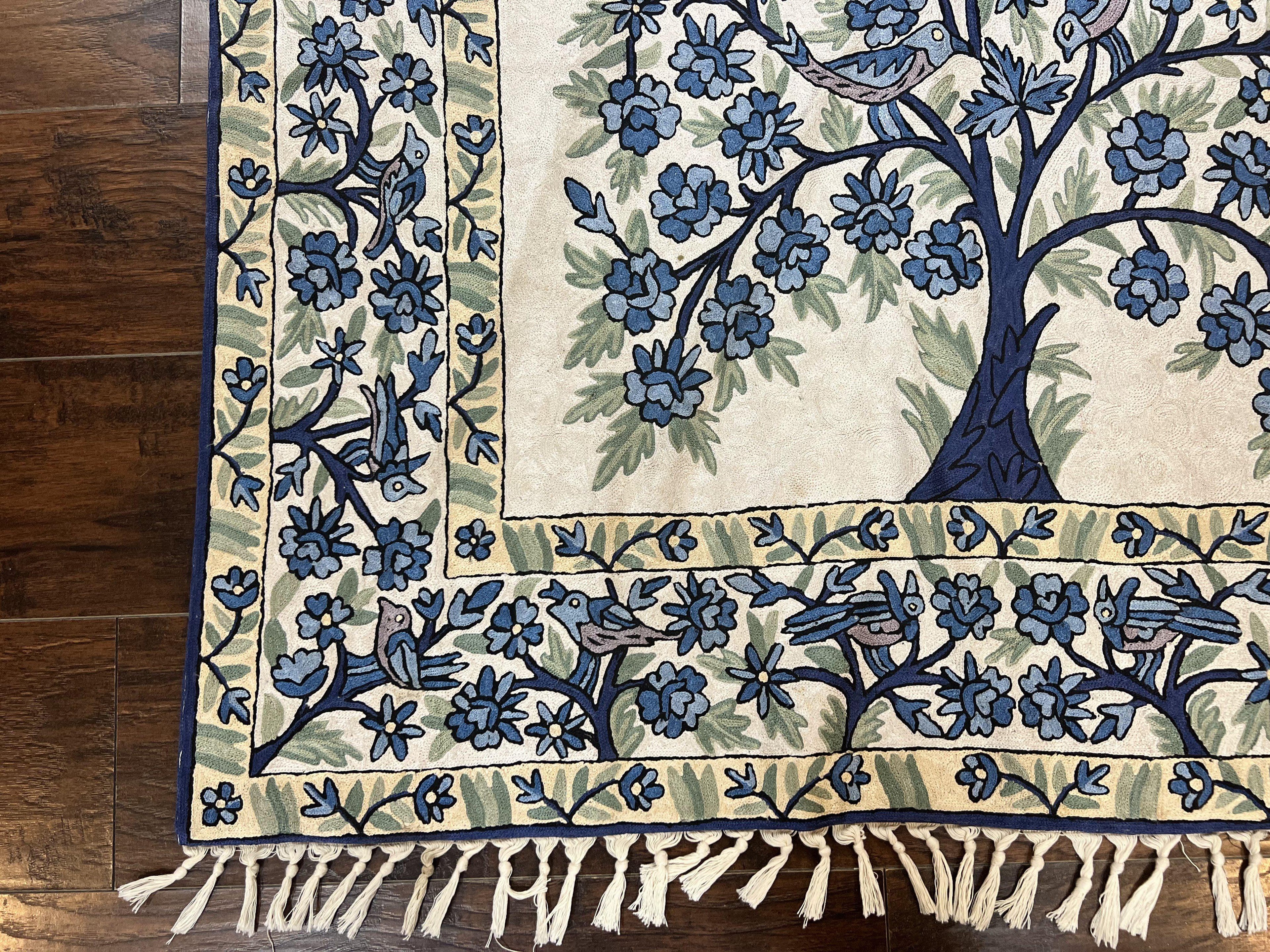 Tree of Life Indian Hand Stitched Rug 4x6, Indian Wall Hanging Rug, Ivory Blue, Silk on Cotton, Vintage