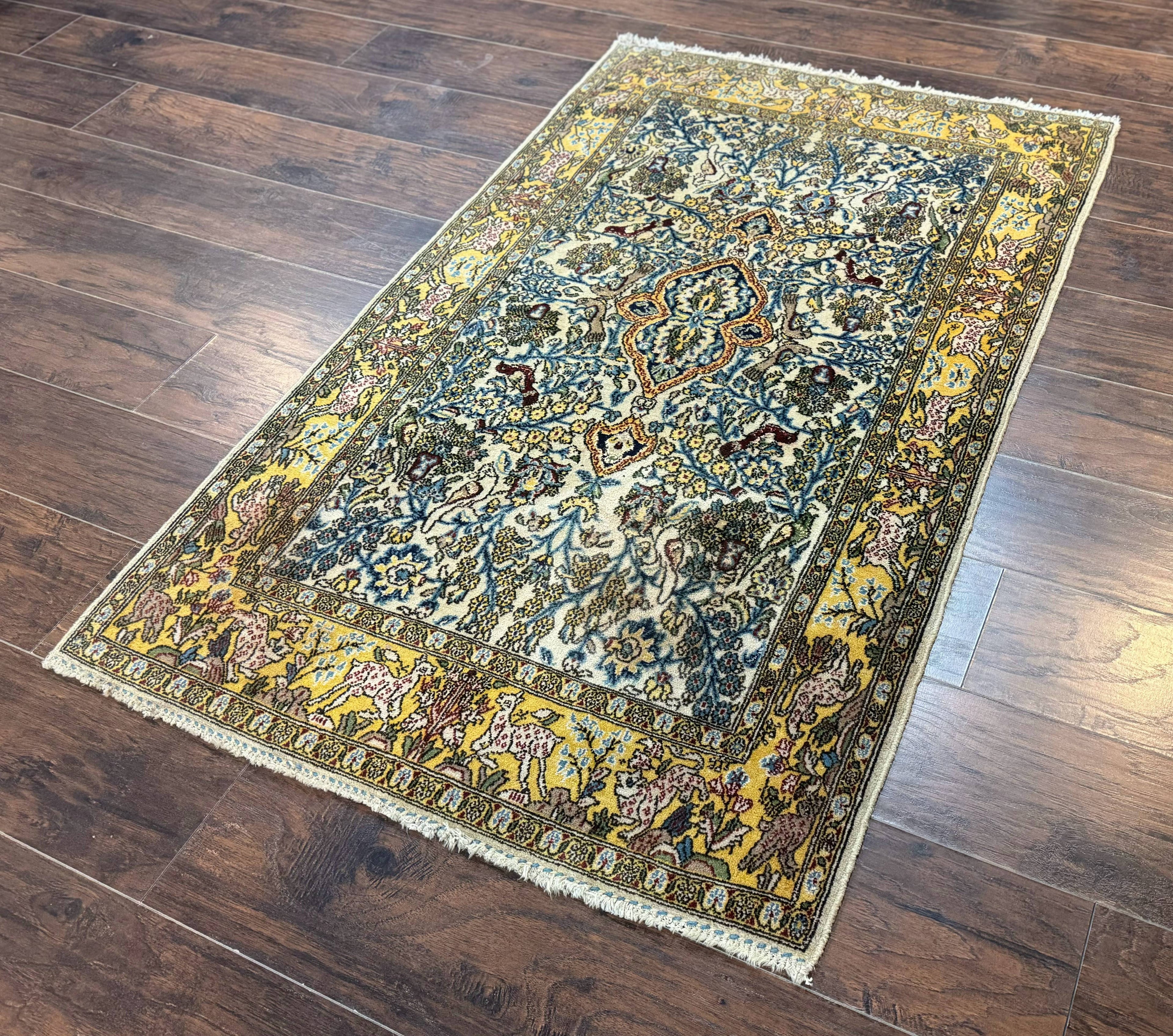 Persian Qum Tree of Life Rug 3.5 x 5.5, Animal Pictorials, Kork Wool with Silk Highlights
