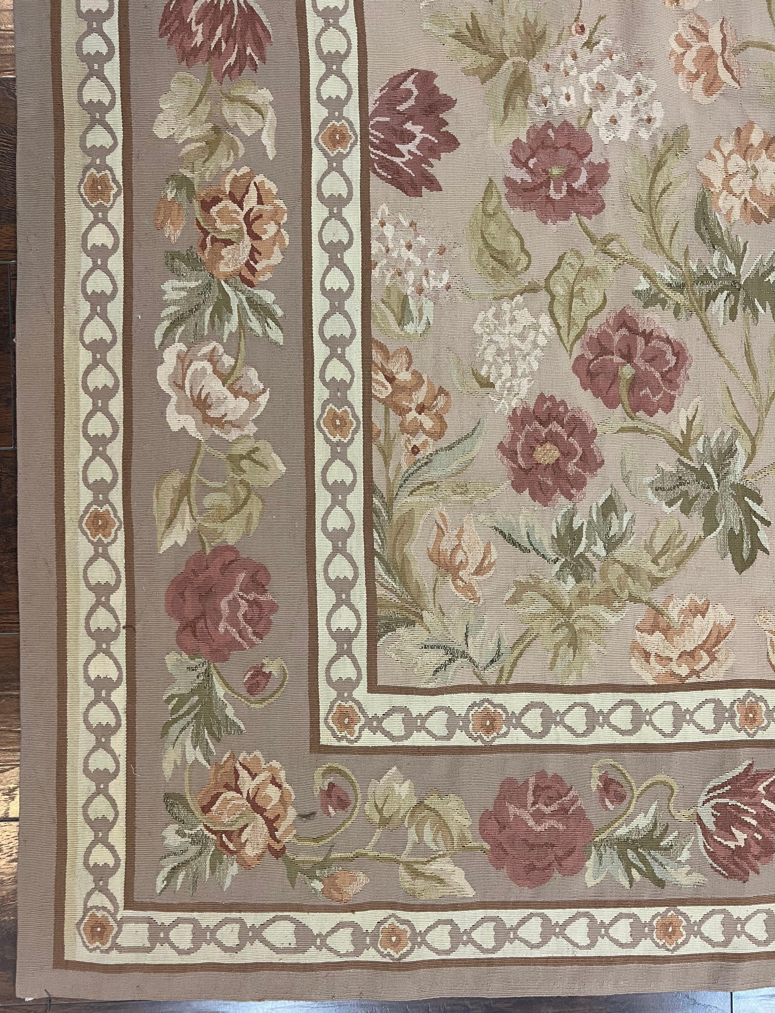 Aubusson Rug 9x12, Pink Beige Light Mauve, Handmade Allover Floral Roses, Wool Flatweave Carpet 9 x 12 ft, European French Design, Elegant
