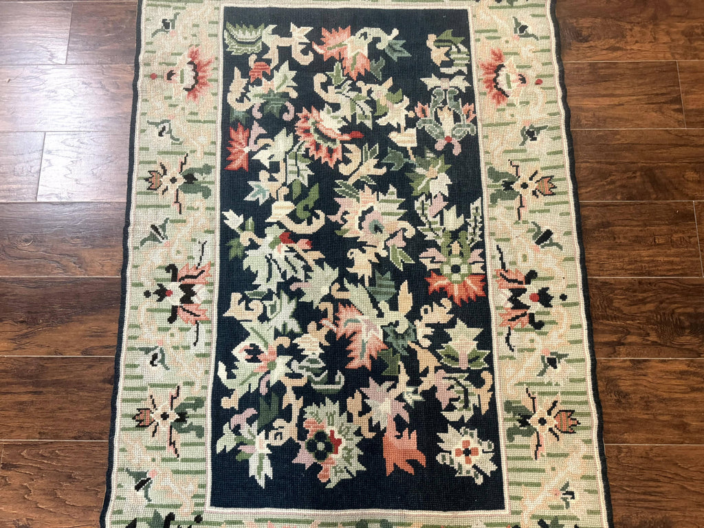 Vintage American Needlepoint Rug 4x6, Dark Green, Wool, Handmade, Flatweave Carpet