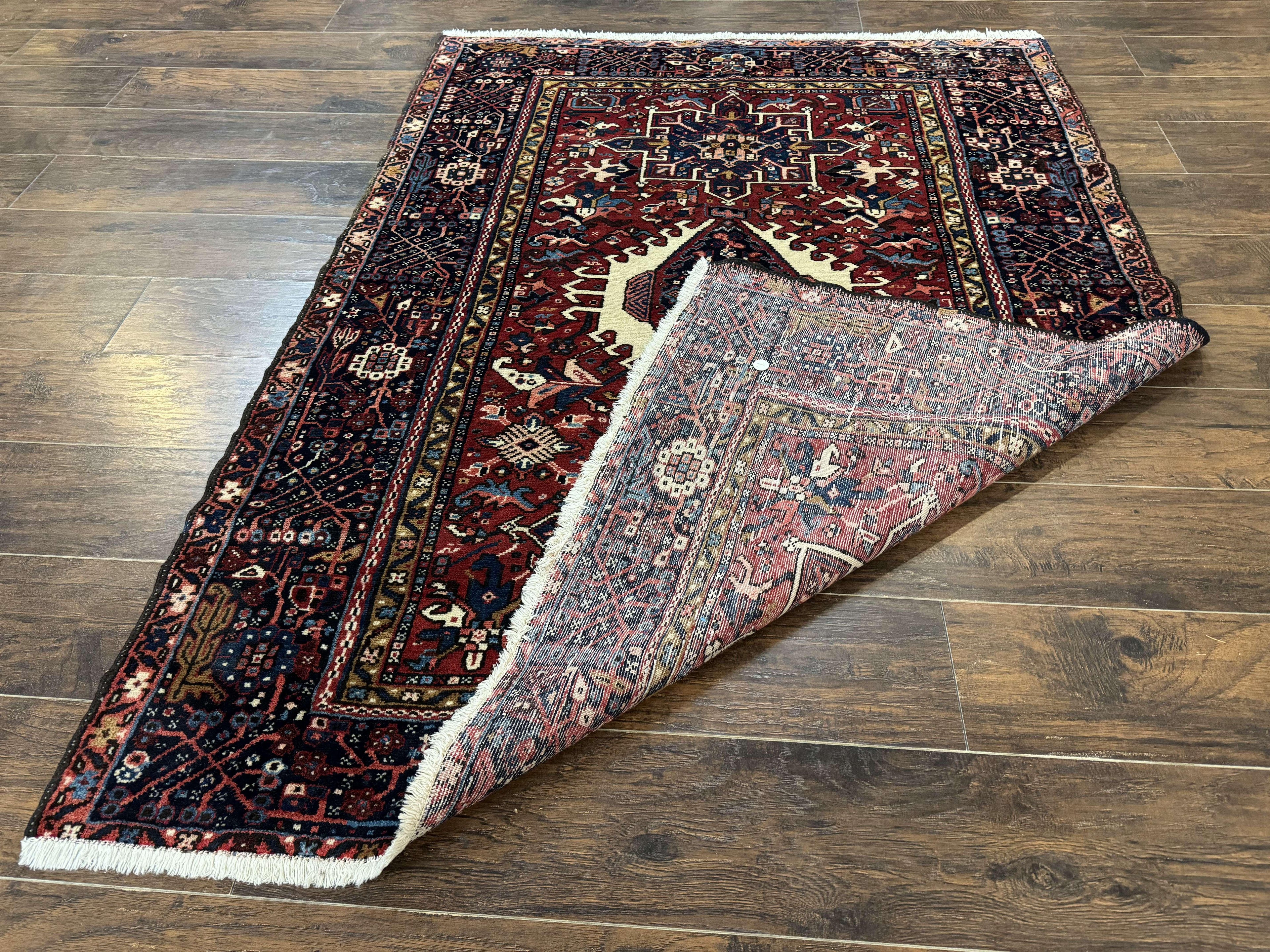 Persian Karajeh Rug 5x6, Antique Heriz Carpet, Geometric, Persian Tribal Rug, Brick Red Navy Blue