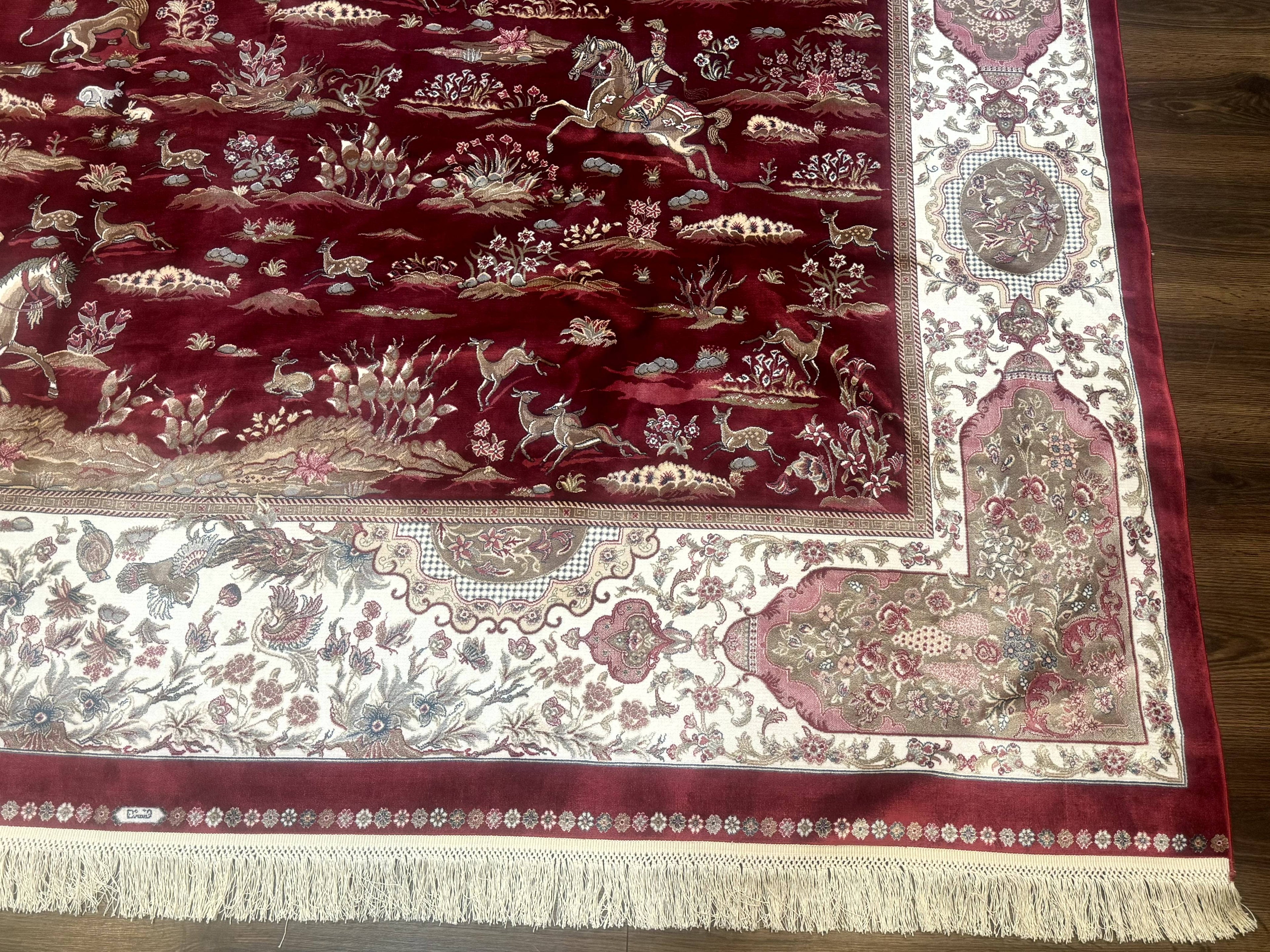 Turkish Silk Rug 8x10, Red & Ivory, Hunting Design, Bamboo Silk, New