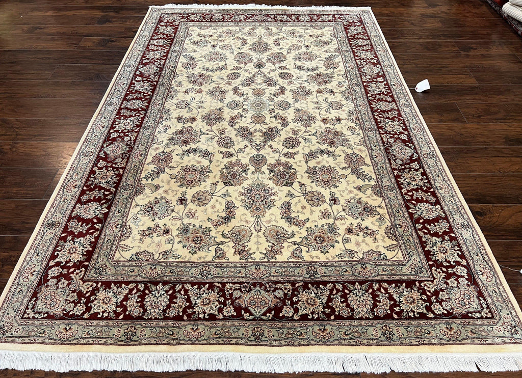 Pak Persian Rug 6x9, Floral Allover Carpet 6 x 9 ft, Cream and Maroon Hand Knotted Wool and Silk Fine Oriental Rug, Traditional Vintage Rug
