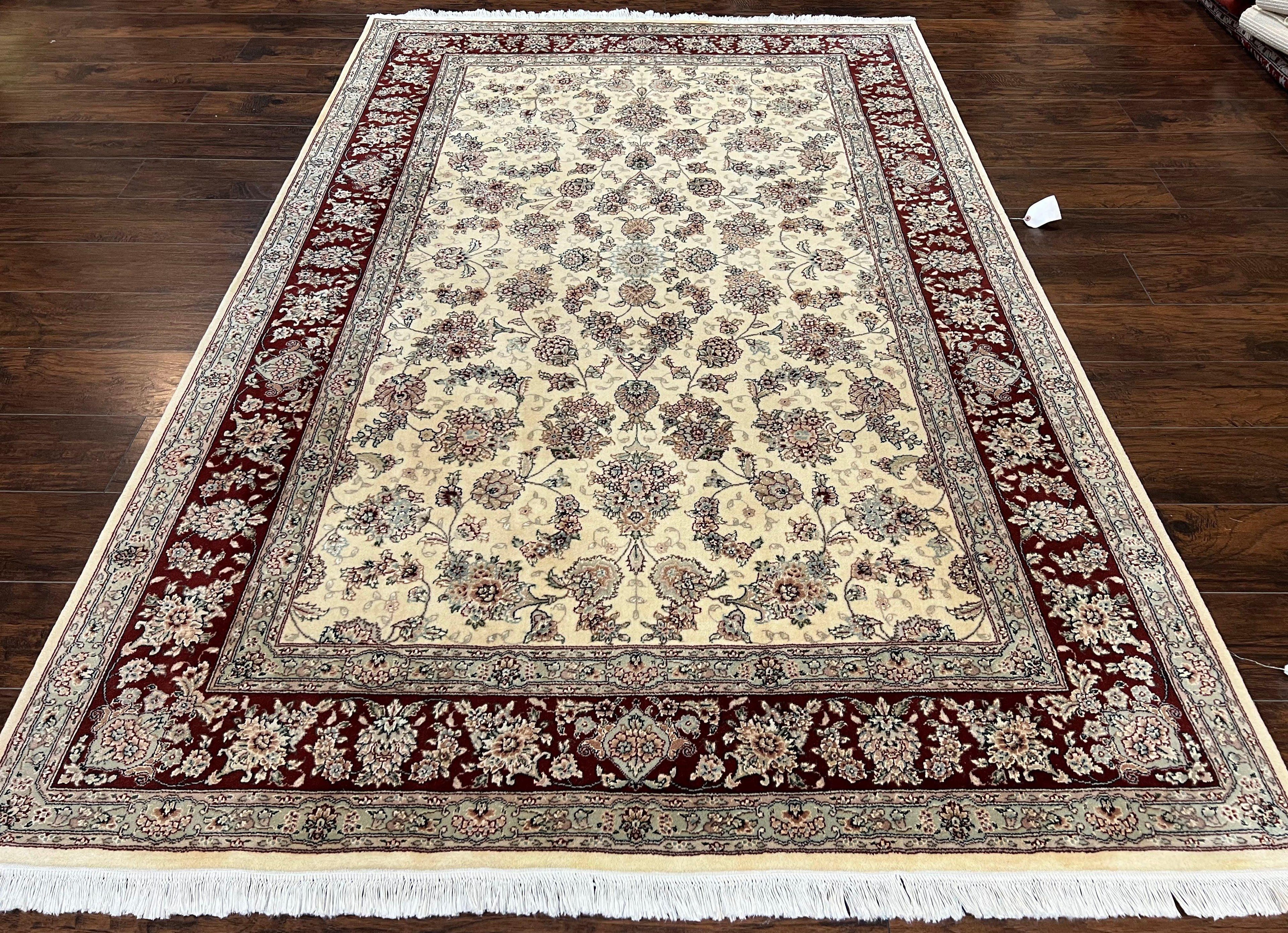 Pak Persian Rug 6x9, Floral Allover Carpet 6 x 9 ft, Cream and Maroon Hand Knotted Wool and Silk Fine Oriental Rug, Traditional Vintage Rug