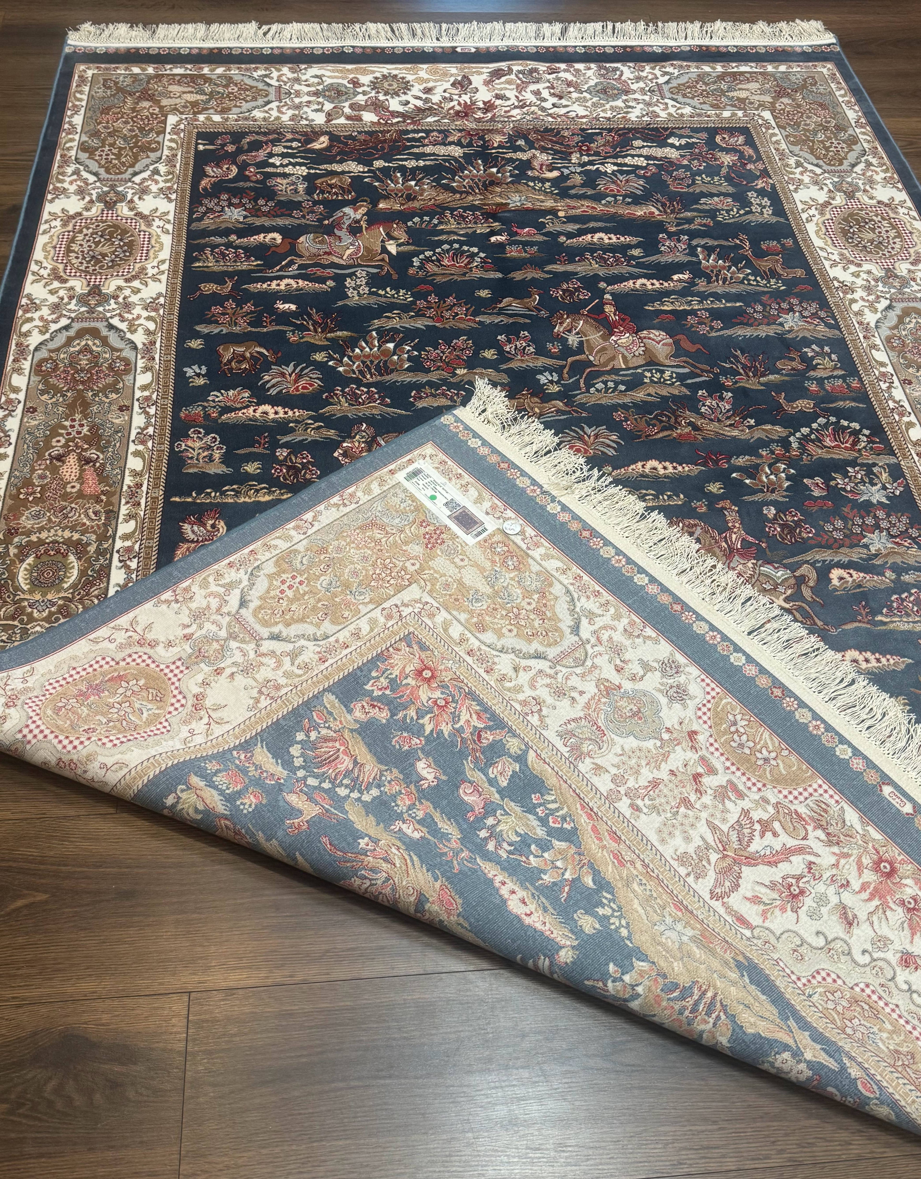 Turkish Silk Rug 5x8, Hunting Design, Animal Pictorials, Steel Blue & Ivory, Bamboo Silk