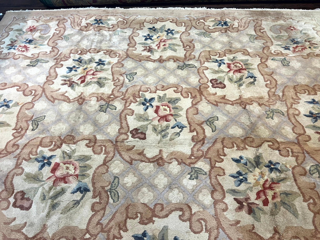 Indo Chinese Aubusson Wool Rug 11x16, Palace Sized Carpet, Oversized Handmade Vintage Rug, European Design