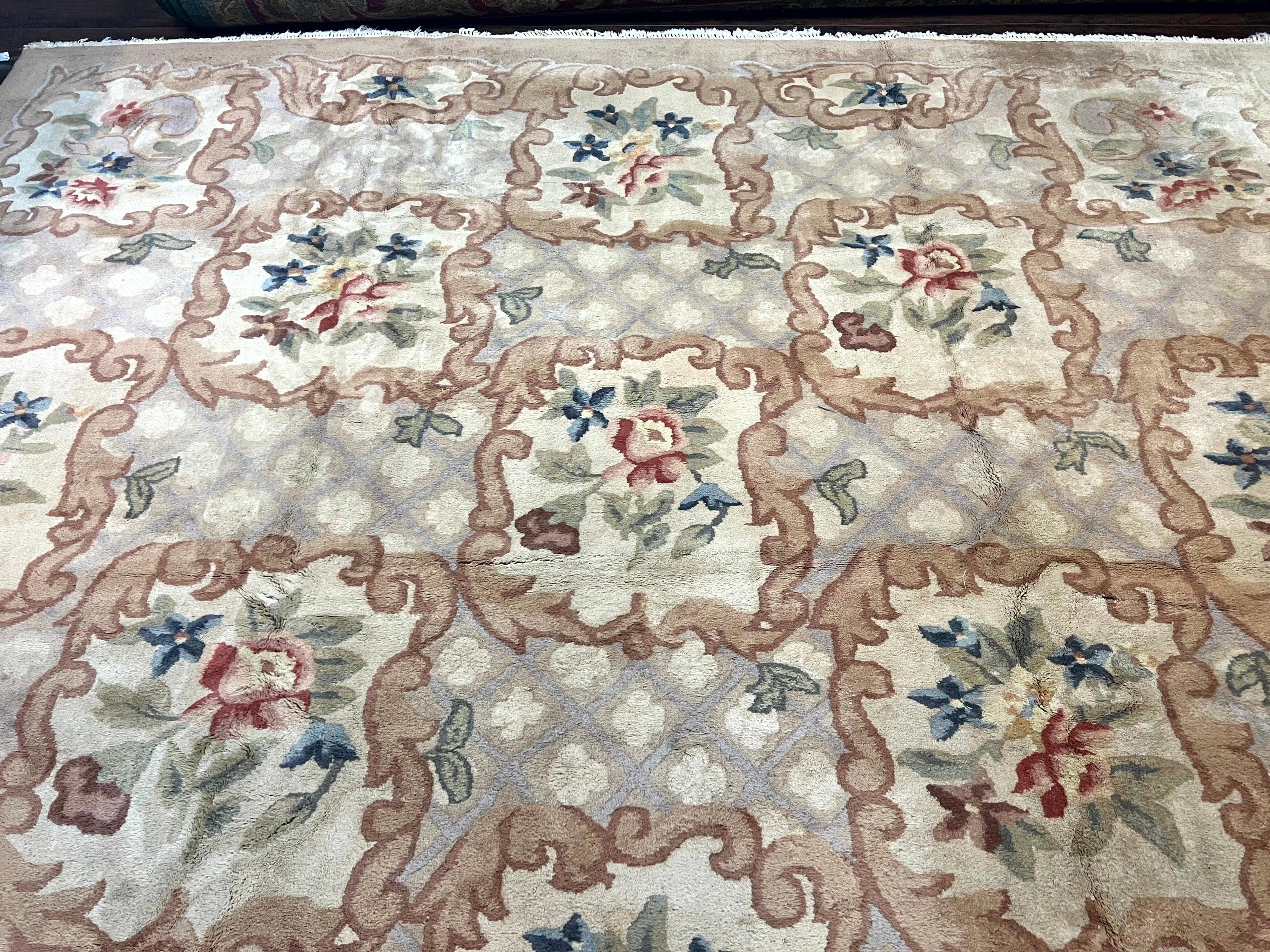 Indo Chinese Aubusson Wool Rug 11x16, Palace Sized Carpet, Oversized Handmade Vintage Rug, European Design