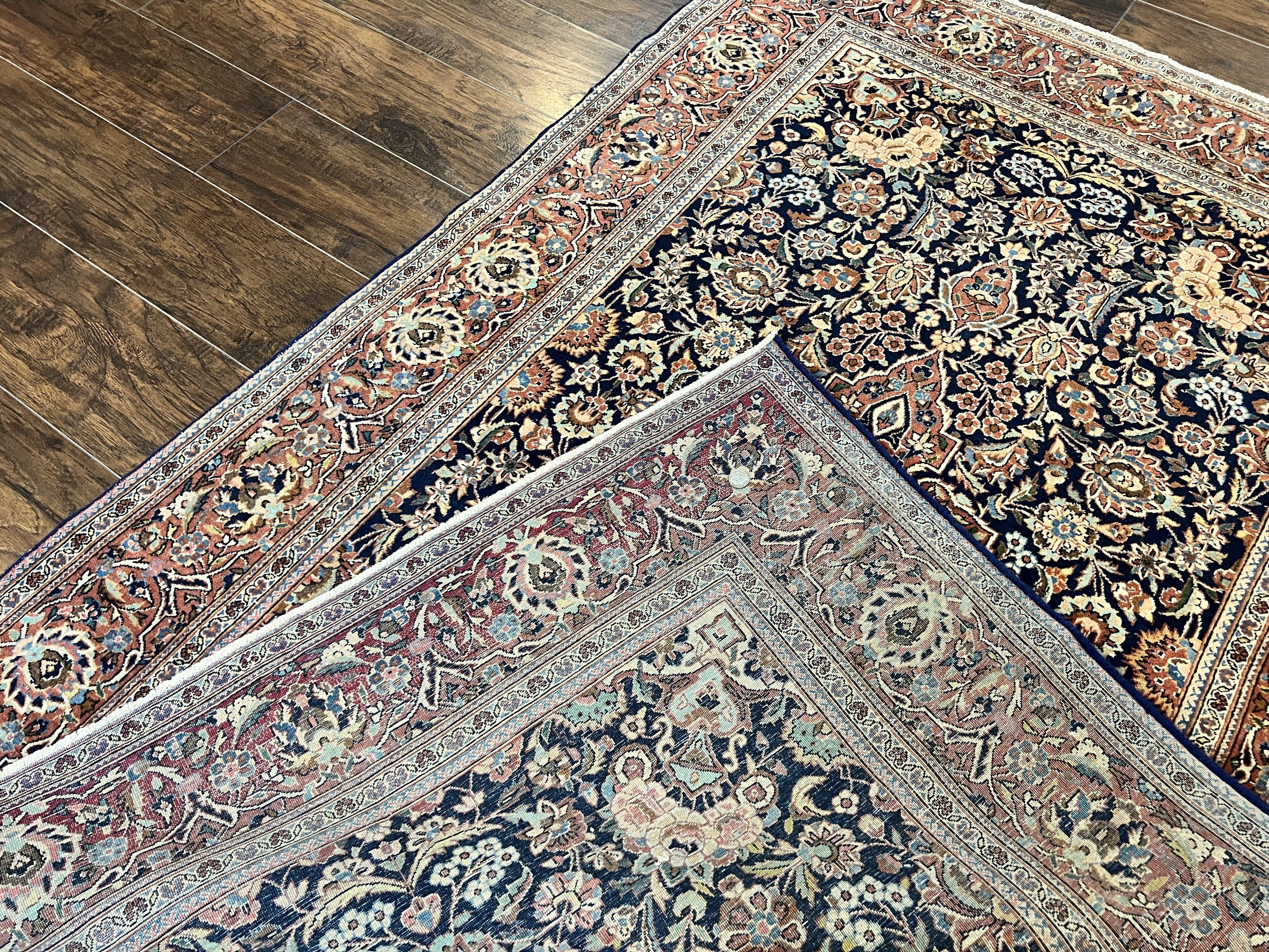Persian Kashan Rug 4x7, Floral Medallion Vintage Handmade Hand Knotted Navy Blue & Red Wool Oriental Carpet, Highly Detailed Semi Antique Rug
